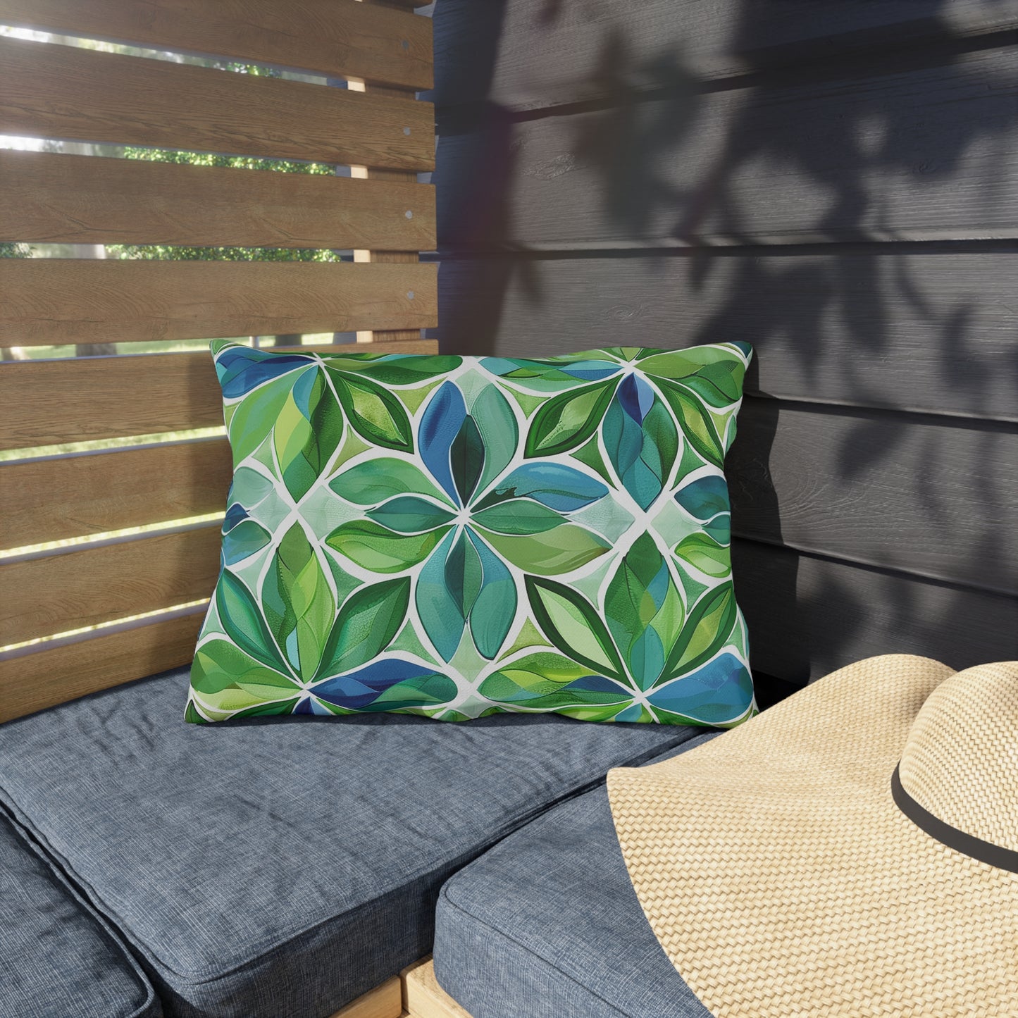 Spring Geo Flowers Outdoor Lumbar Pillow - Spun Polyester - Double-Sided Print - UV-Resistant - Water-Resistant - Lumbar size: 20" x 14"