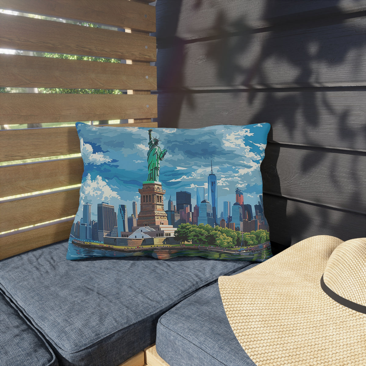 Statue of Liberty Outdoor Lumbar Pillow - Spun Polyester - Double-Sided Print - UV-Resistant - Water-Resistant - Lumbar size: 20" x 14"