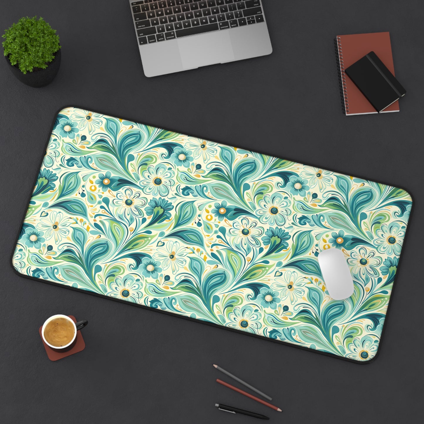 Whimsical Teal Floral Garden Desk Mat (Desk Pad) - Let Your Desk Bloom with Whimsy! Available in 3 sizes.