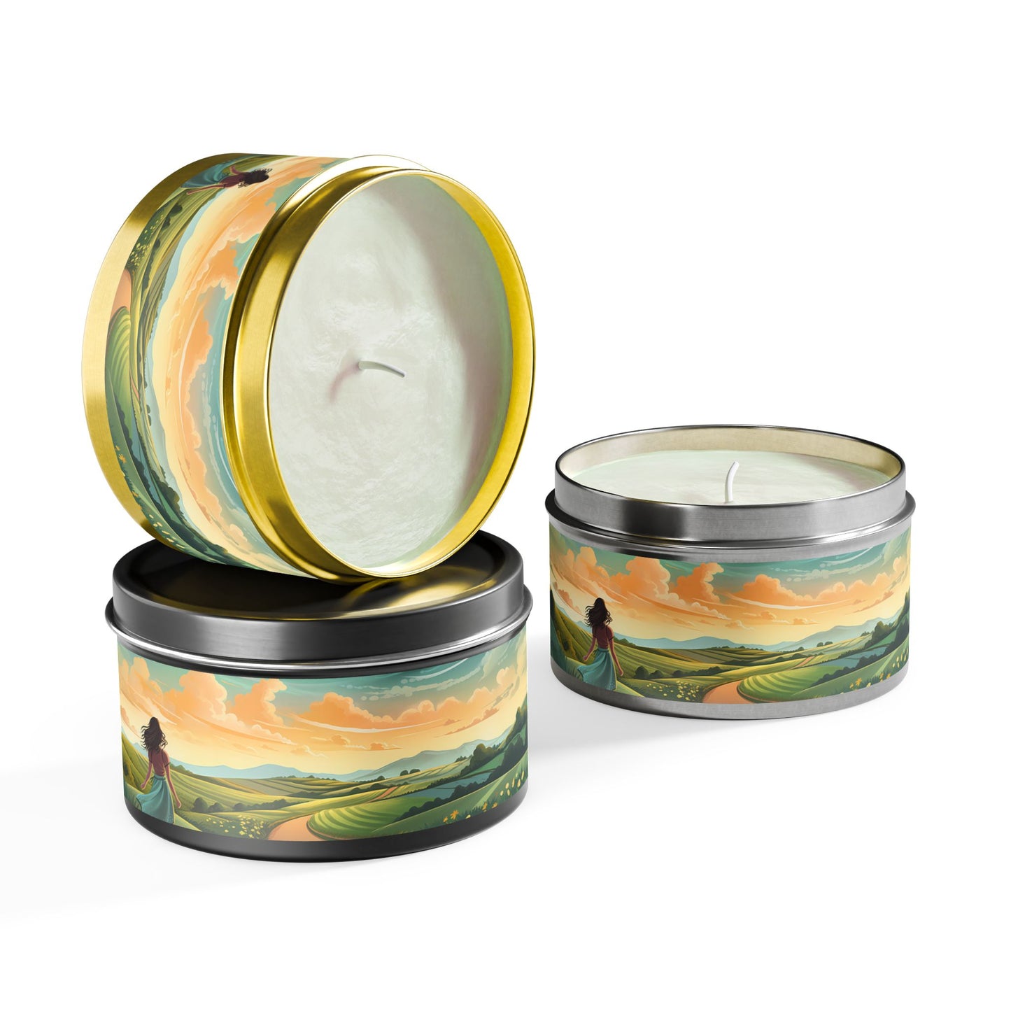 Bliss Road Scenic Aromatherapy Tin Candle. Journey to Tranquility, One Flame at a Time. Available in 2 sizes, 3 finishes, and 5 scents.