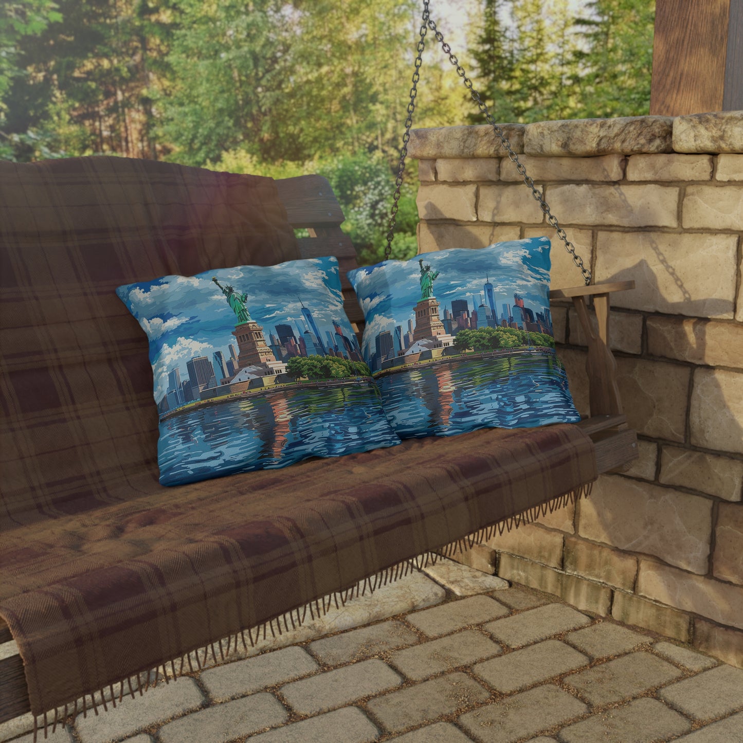 Statue of Liberty Square Outdoor Pillow - Spun Polyester - Double-Sided Print - UV-Resistant - Water Resistant - Available in 3 sizes.