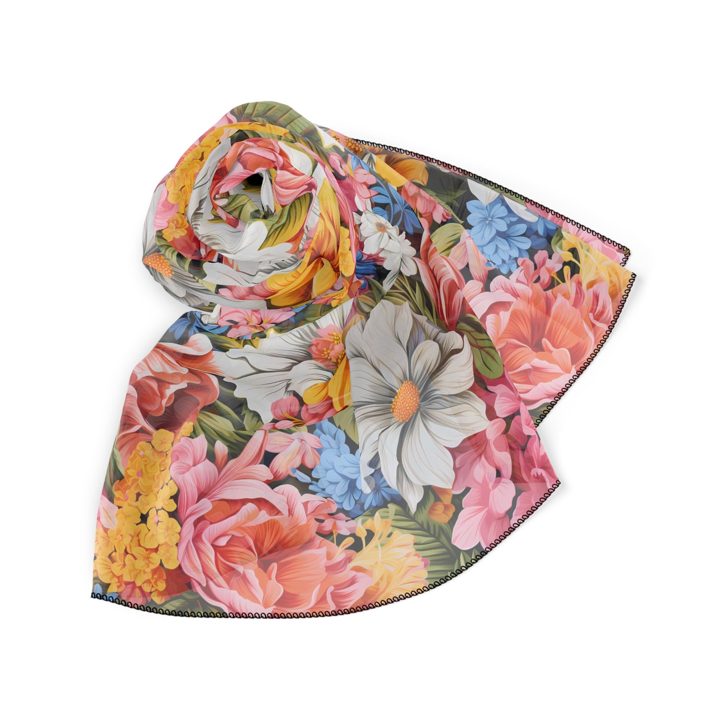 Chic Floral Poly Voile Scarf. Soft Pink, White, Blue, Gold Flowers Old-World European Inspired 2 sizes: 25" x 25" or 50" x 50"