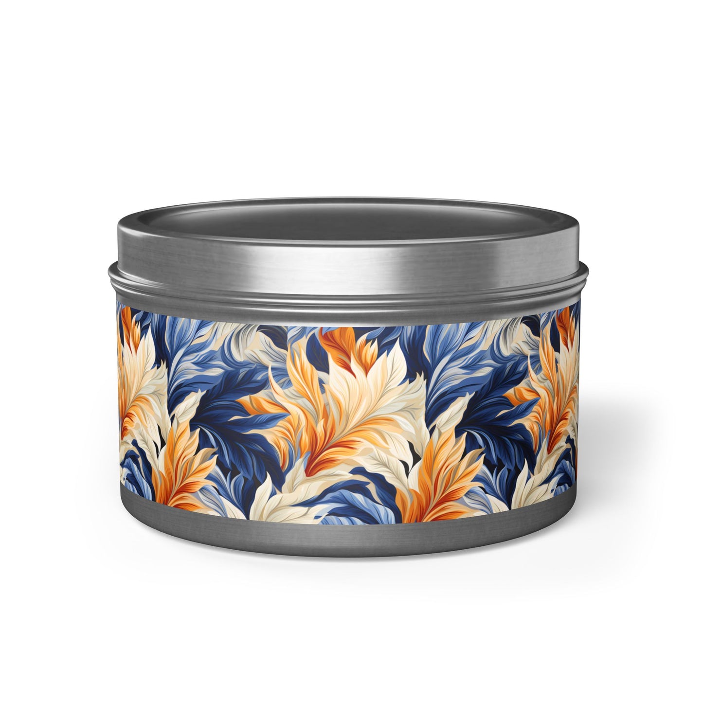 Feathered Fresco Fusion Tin Candle. A Touch of Feathered Grace in Every Flicker. Available in 2 sizes, 3 finishes, and 5 scents.