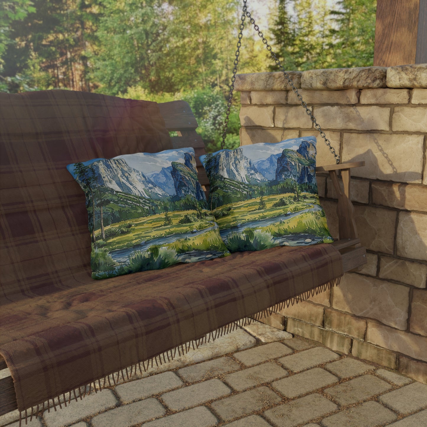 Yosemite Valley Vista Square Outdoor Pillow - Spun Polyester - Double-Sided Print - UV-Resistant - Water Resistant - Available in 3 sizes.