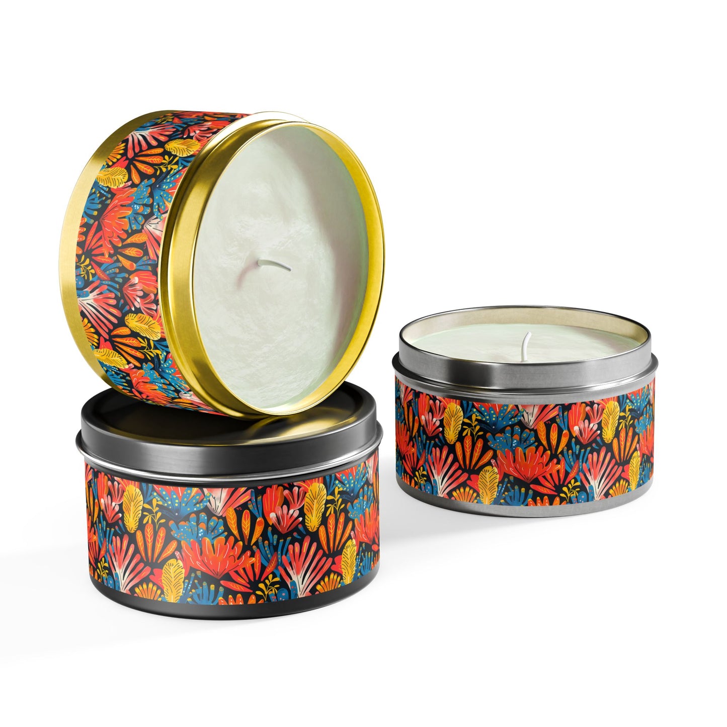 Coral Plume Tin Candle. Ride the Wave of Colorful Calm. Available in 2 sizes, 3 finishes, and 5 scents.