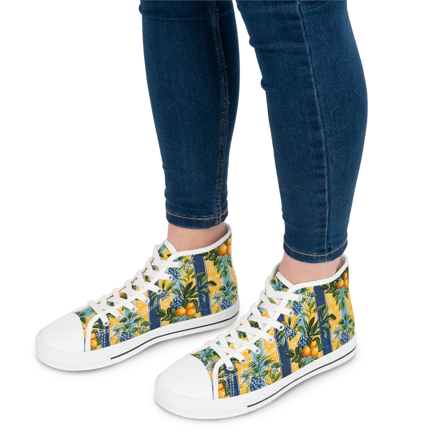Sunny Orchard Stripes Ladies' High Top Sneakers - Step into Sunshine – Where Bold Stripes Meet Juicy Orchard Delights!