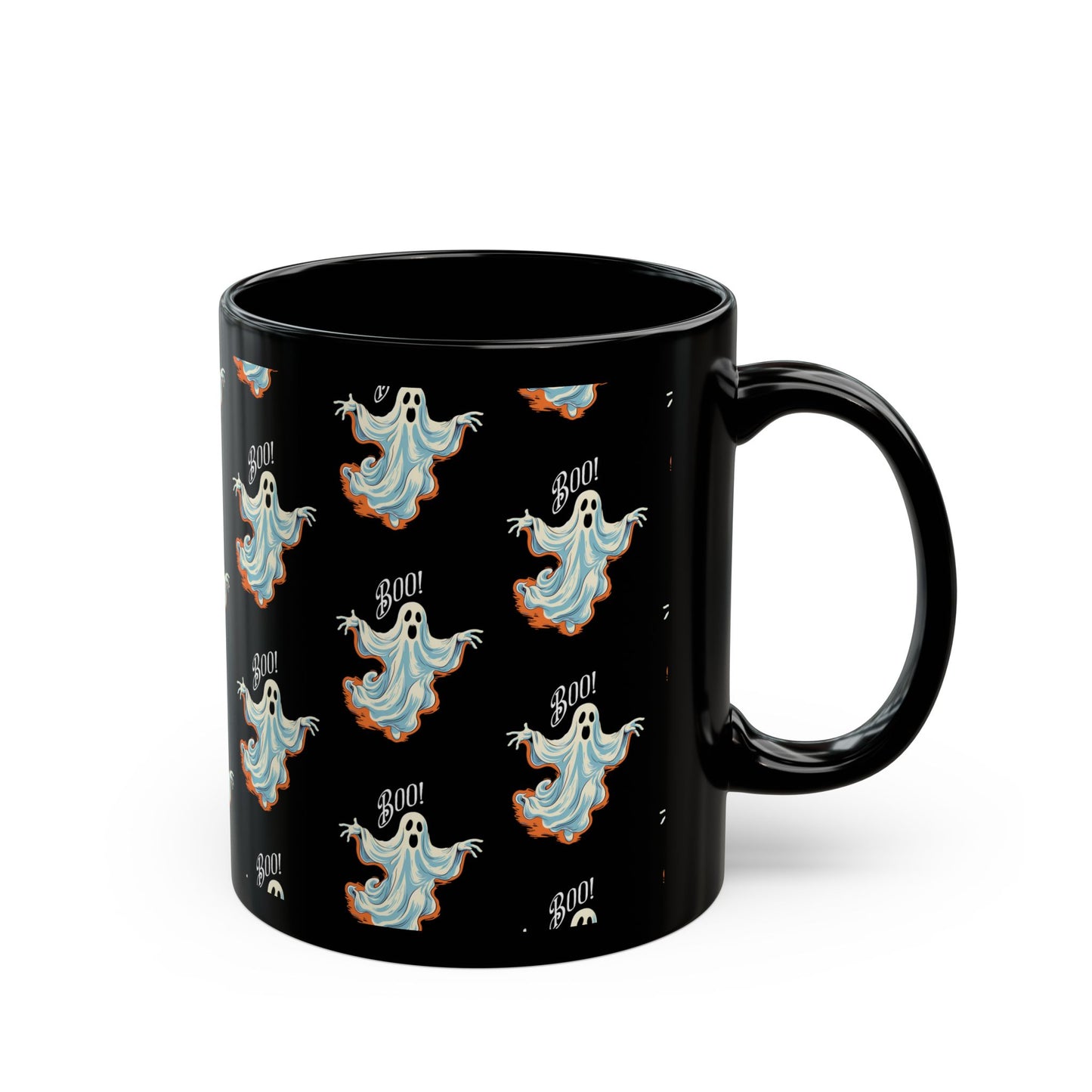 Boo! Chic Retro Ghost Halloween Black Mug - 11oz, 15oz - Sip in Spooky Style with a Retro Twist!
