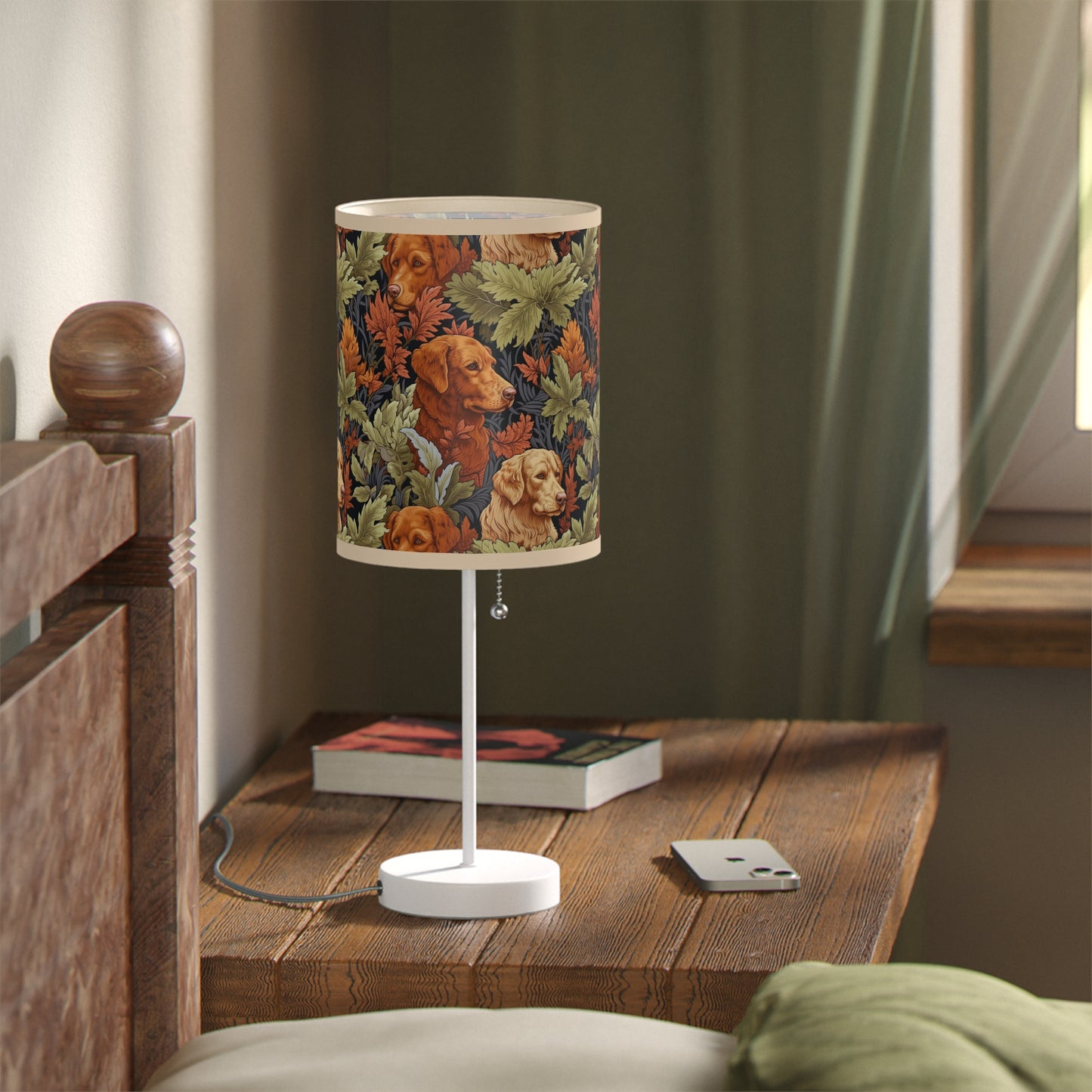 Classic English Dog Tapestry Modern Table Lamp, 20" Tall, Metal Stand, US|CA Plug, Available in 2 Finishes & Multiple Trim Colors