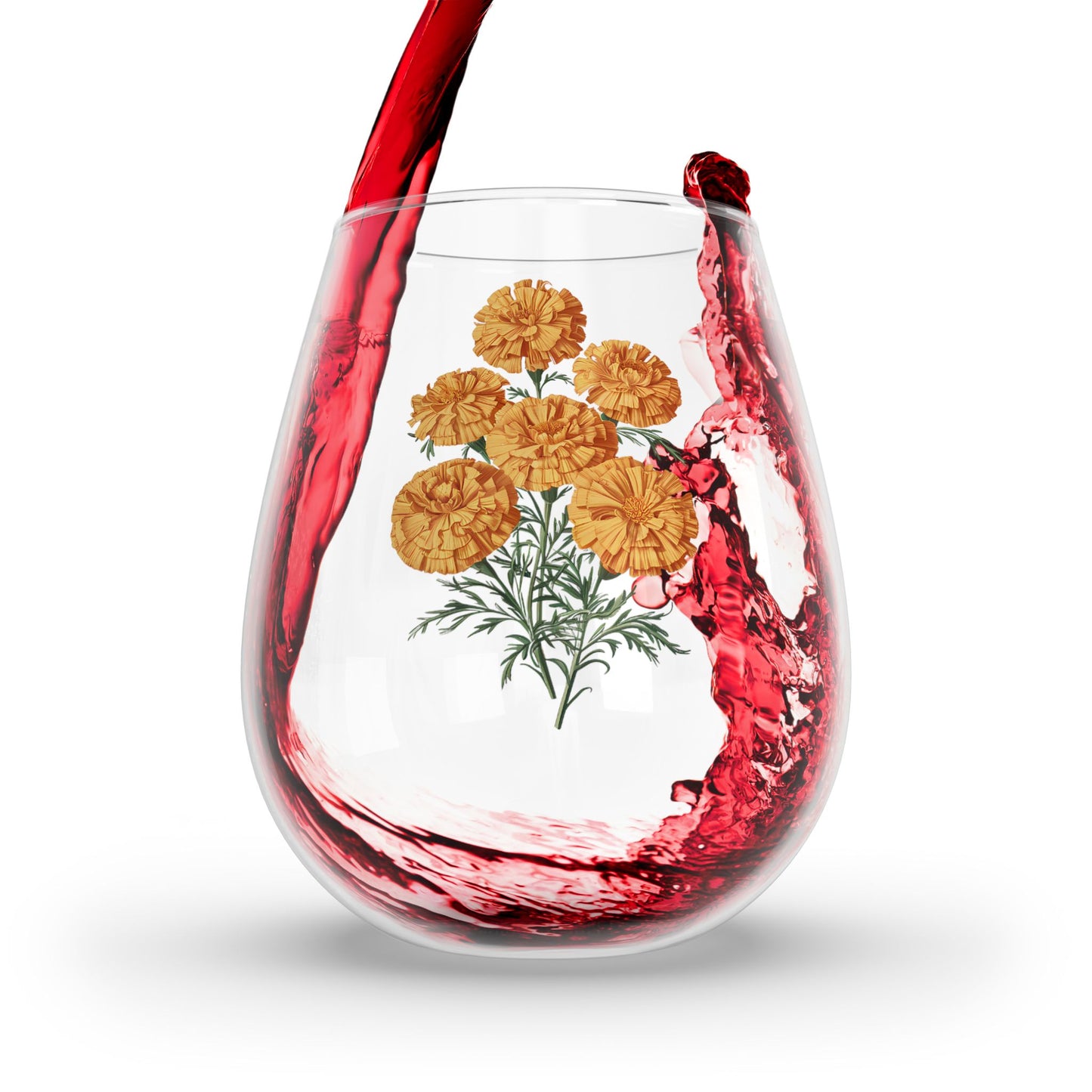 October Birth Month Flower - Marigolds Stemless Wine Glass - 11.75 oz - Celebrate October with Golden Blooms! From our Blooming Celebrations Birth Flower Collection.