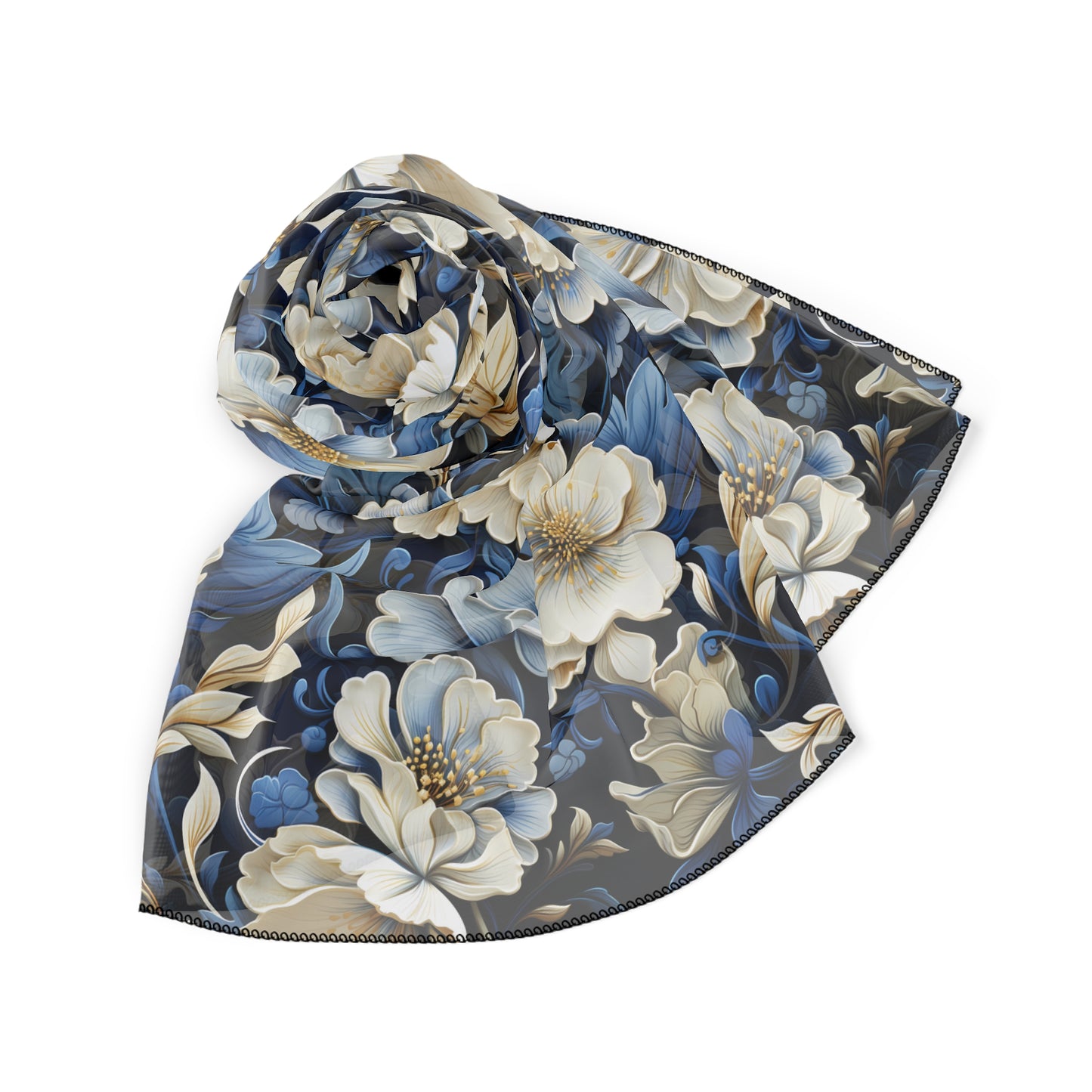 Whitman Floral Poly Voile Scarf - Feminine Blue White Flower Design on Black - Classic European Inspired Accessory, Available in 2 sizes: 25" x 25" or 50" x 50"