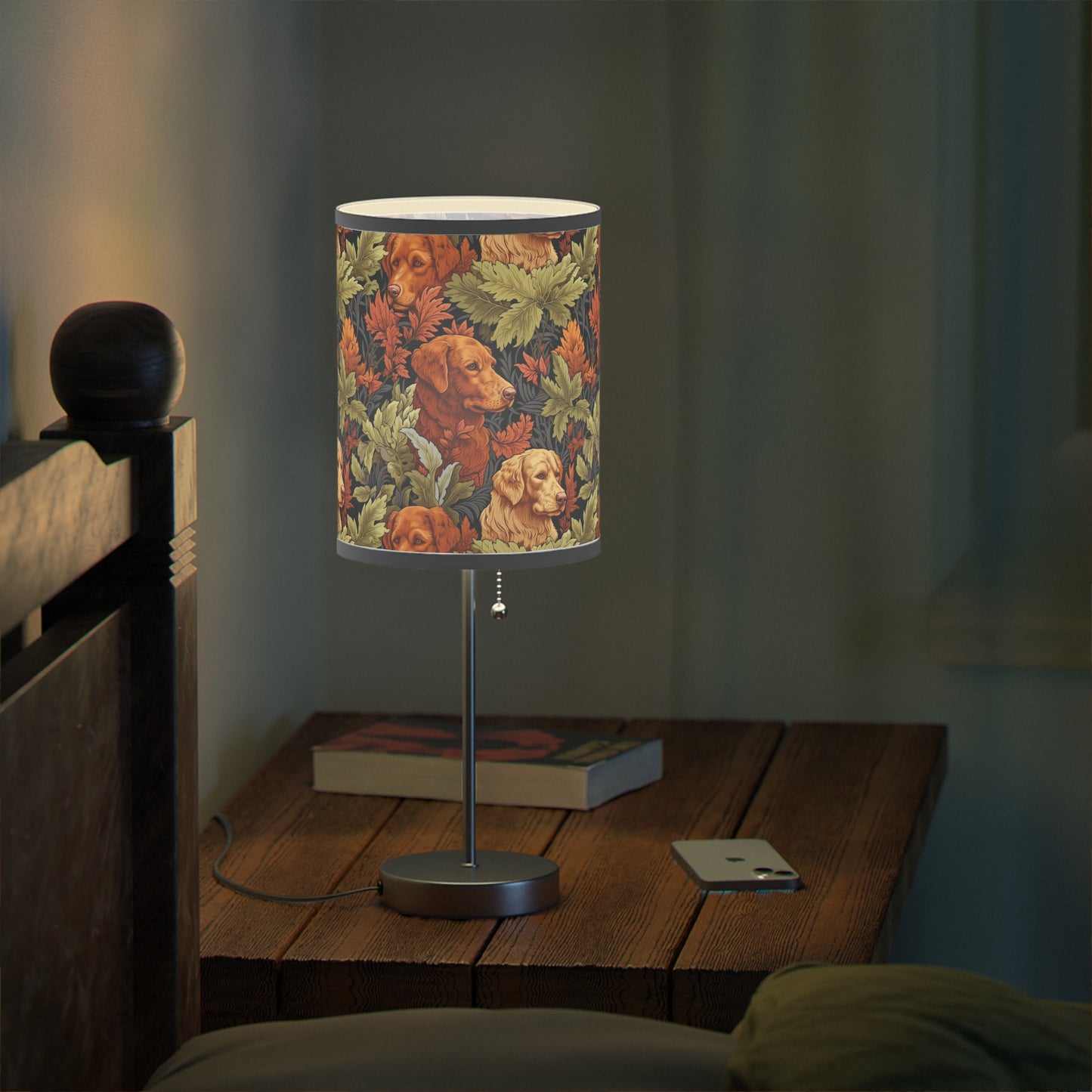 Classic English Dog Tapestry Modern Table Lamp, 20" Tall, Metal Stand, US|CA Plug, Available in 2 Finishes & Multiple Trim Colors