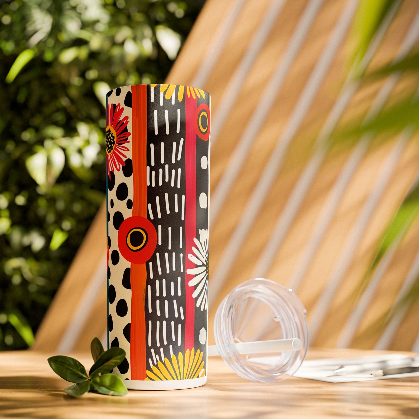 Striped Daisy Play Skinny Tumbler with Straw - 20 oz. Insulated Stainless Steel - Bold Stripes, Playful Blooms with Every Sip!