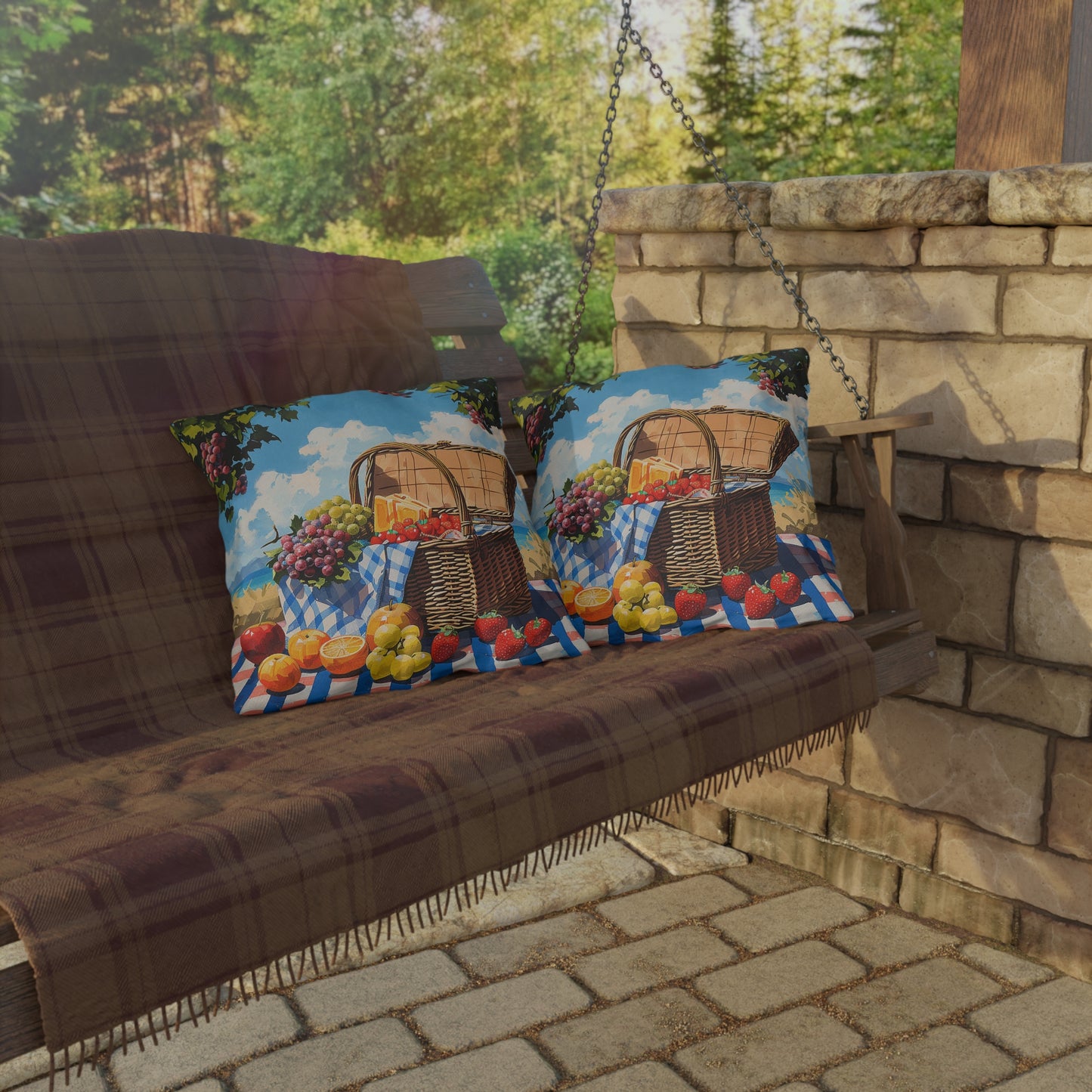 Picnic Perfection Square Outdoor Pillow - Spun Polyester - Double-Sided Print - UV-Resistant - Water-Resistant - Available in 3 sizes.