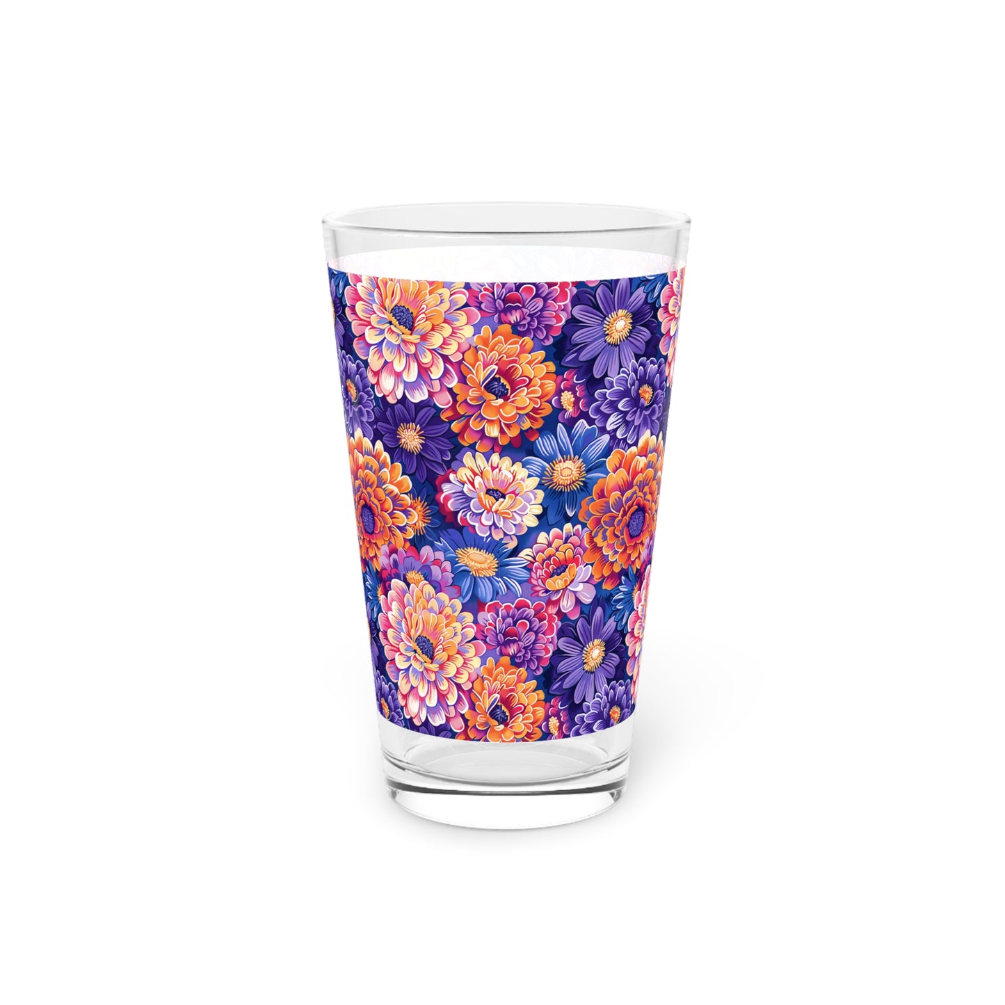 Zinnias in Bloom Pint Glass - 16 oz - A Purple Floral Tapestry in Every Sip!
