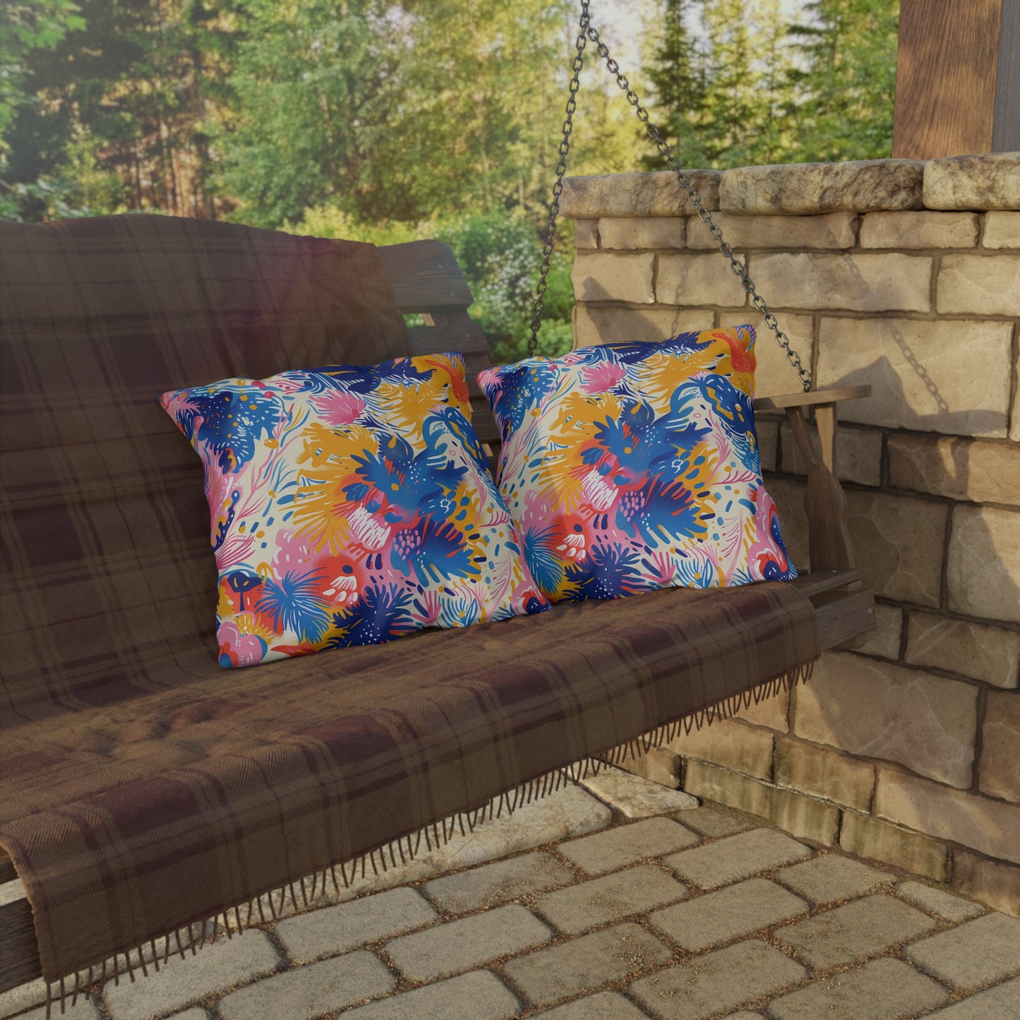 Splatter Blossom Square Outdoor Pillow - Spun Polyester - Double-Sided Print - UV-Resistant - Water-Resistant - Available in 3 sizes.