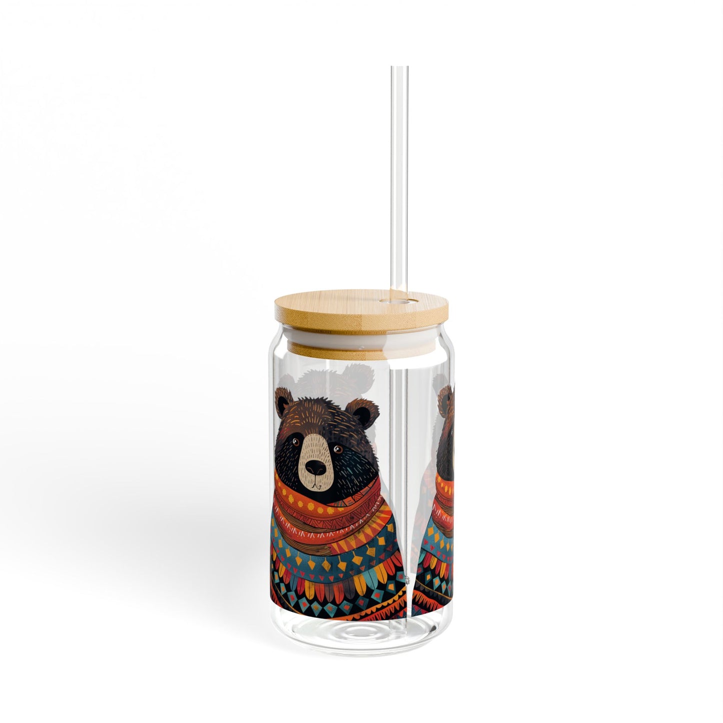 Uncle Bear Sipper Glass Tumbler - 16 oz - Wrap Yourself in Warmth with Uncle Bear's Cozy Charm! - From our Bear Family Collection.