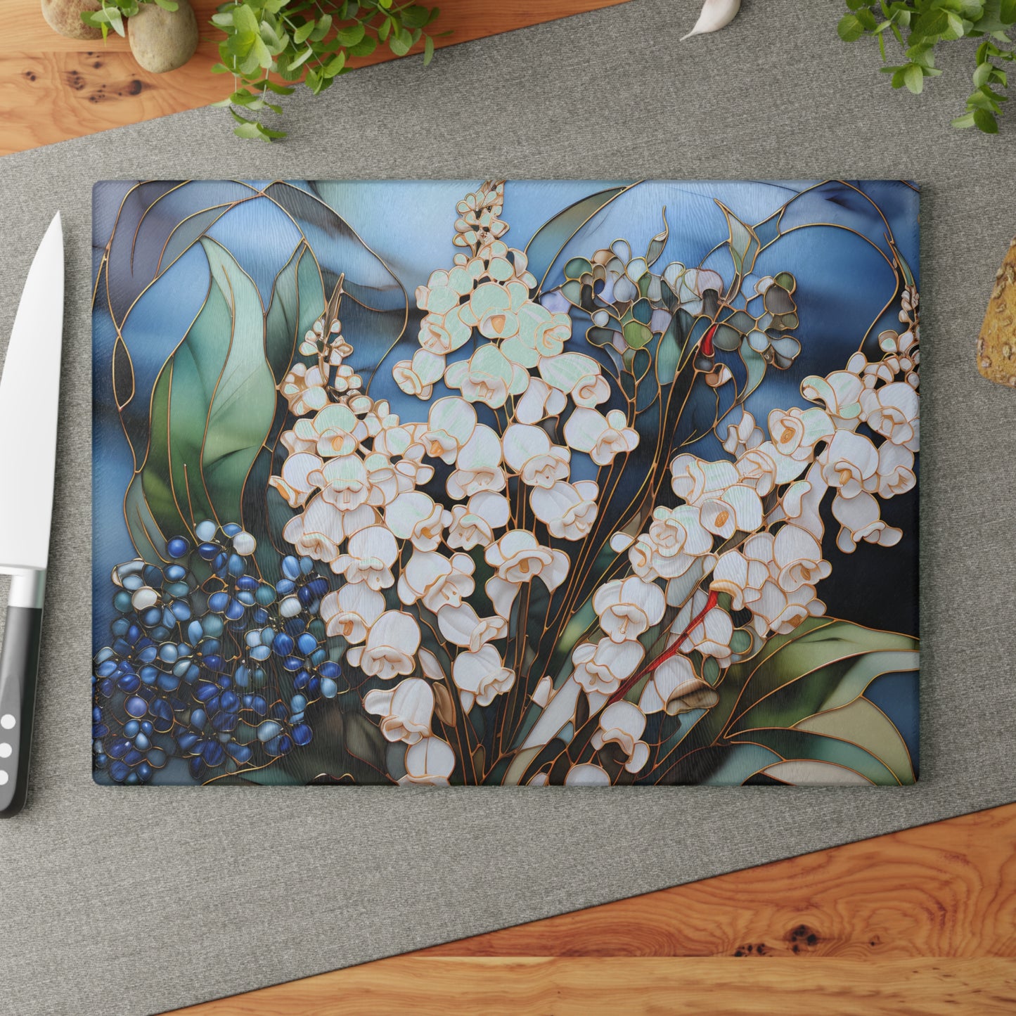 Stained Glass Series: White Flowers Glass Cutting Board - Available in 2 sizes.
