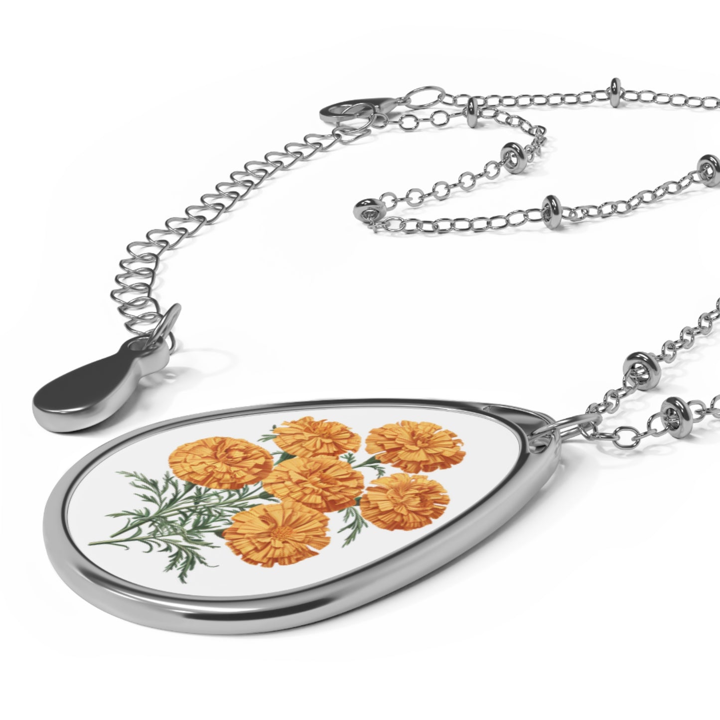 October Birth Month Flower - Marigolds Oval Pendant Necklace - Radiate Warmth and Creativity with October’s Marigold Majesty!