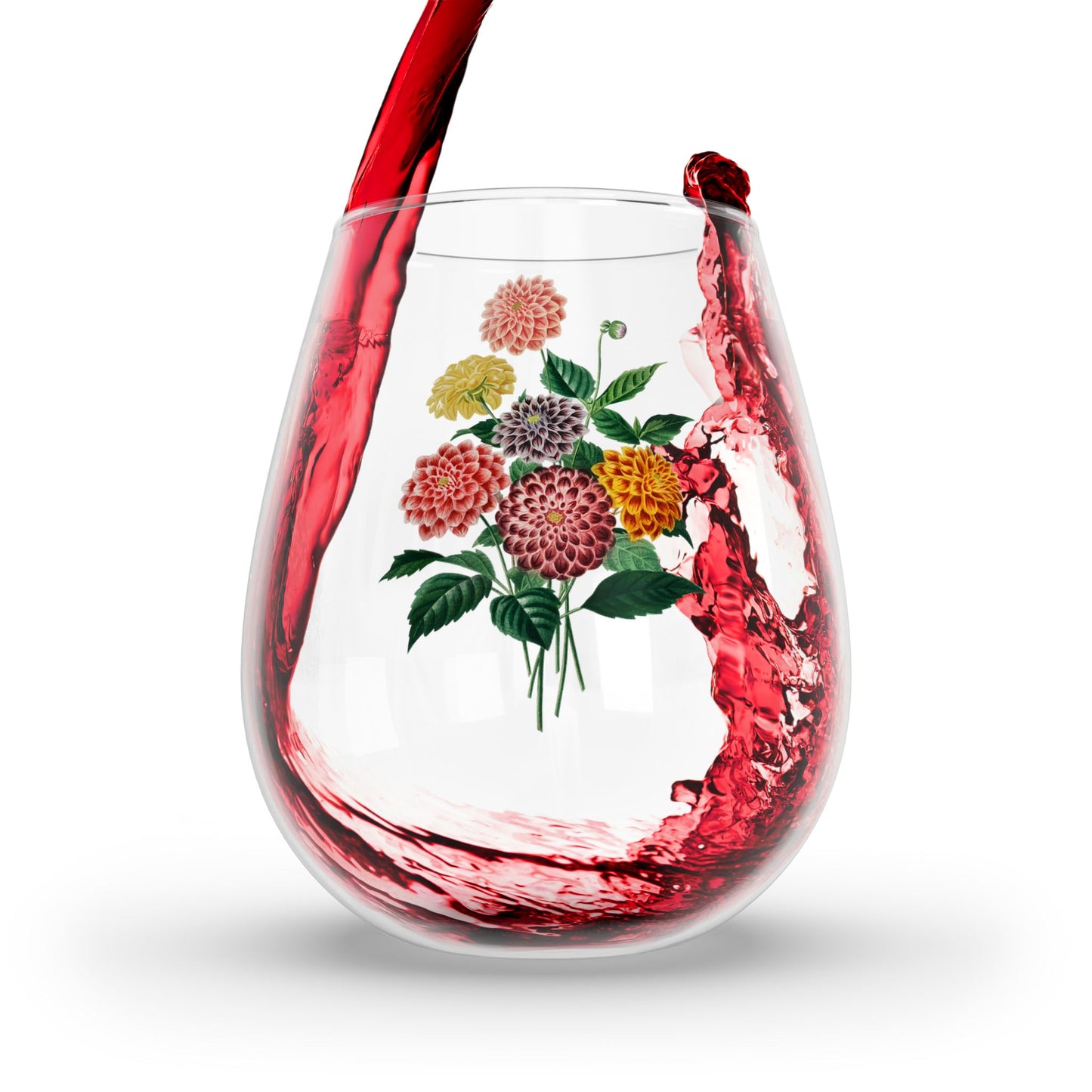 Vintage Dahlia Splendor Stemless Wine Glass - 11.75 oz - Bloom in Bold Beauty with Every Sip! From our Vintage Spring Flowers Collection.