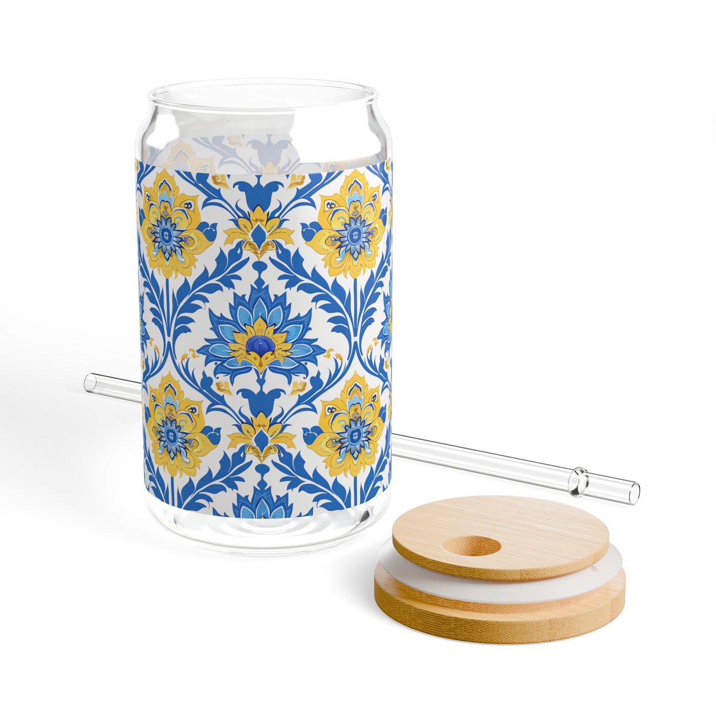 Heritage Bloom Sipper Glass Tumbler - 16 oz - Sip in Classically Beautiful Blue and Yellow Style!