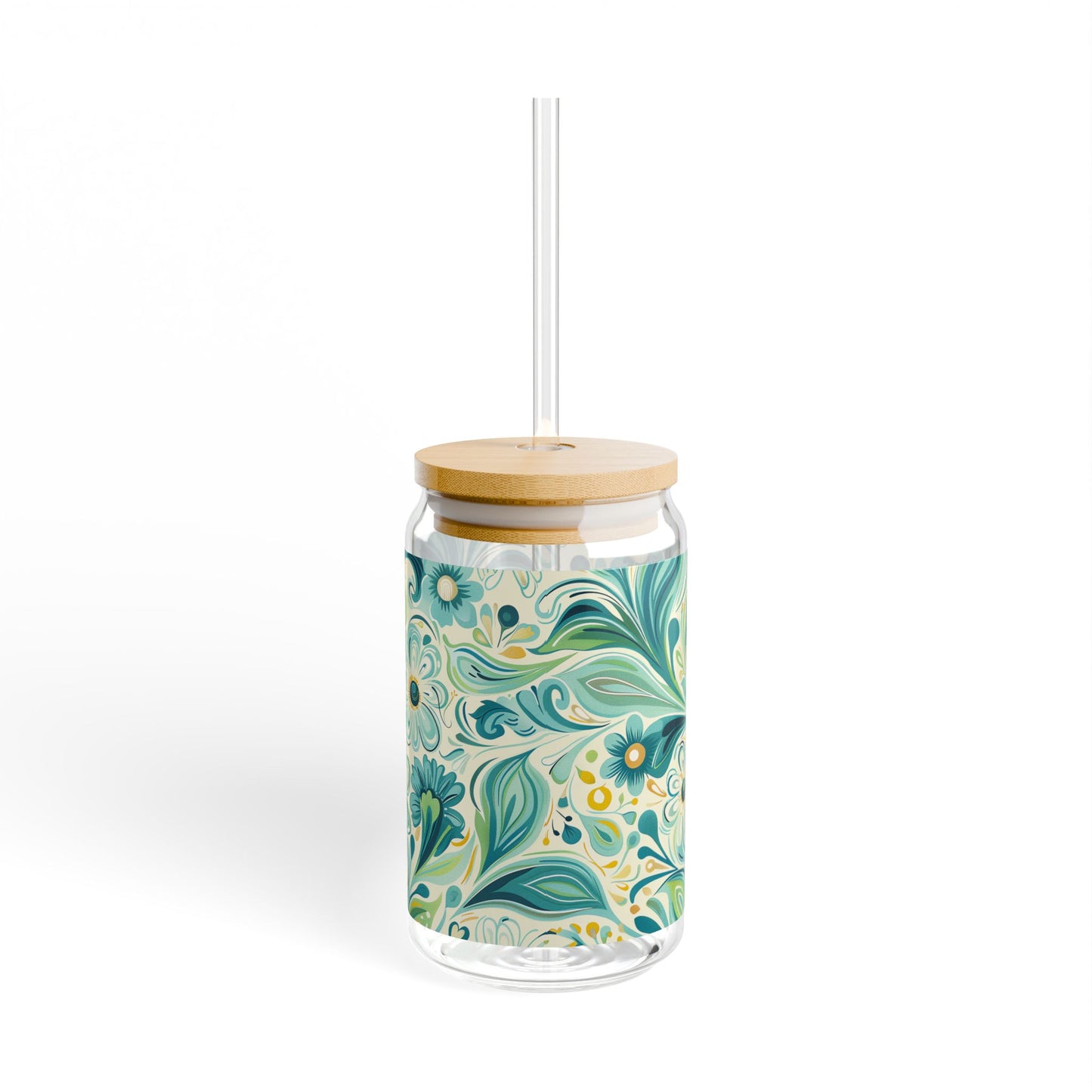 Whimsical Teal Floral Garden Sipper Glass Tumbler - 16 oz - Sip in Nature's Enchanting Hues!