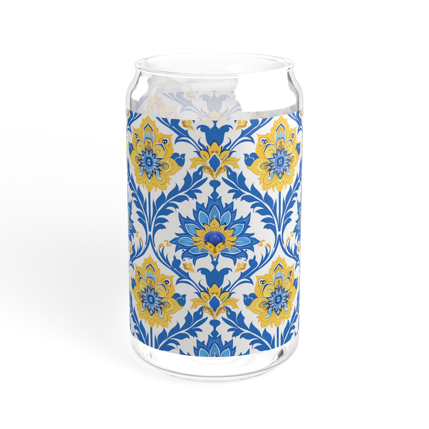 Heritage Bloom Sipper Glass Tumbler - 16 oz - Sip in Classically Beautiful Blue and Yellow Style!