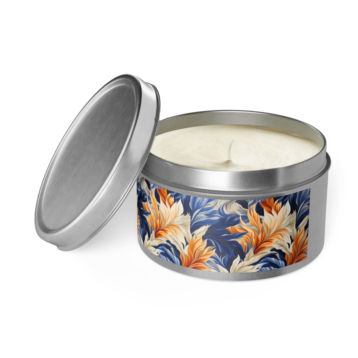 Feathered Fresco Fusion Tin Candle. A Touch of Feathered Grace in Every Flicker. Available in 2 sizes, 3 finishes, and 5 scents.