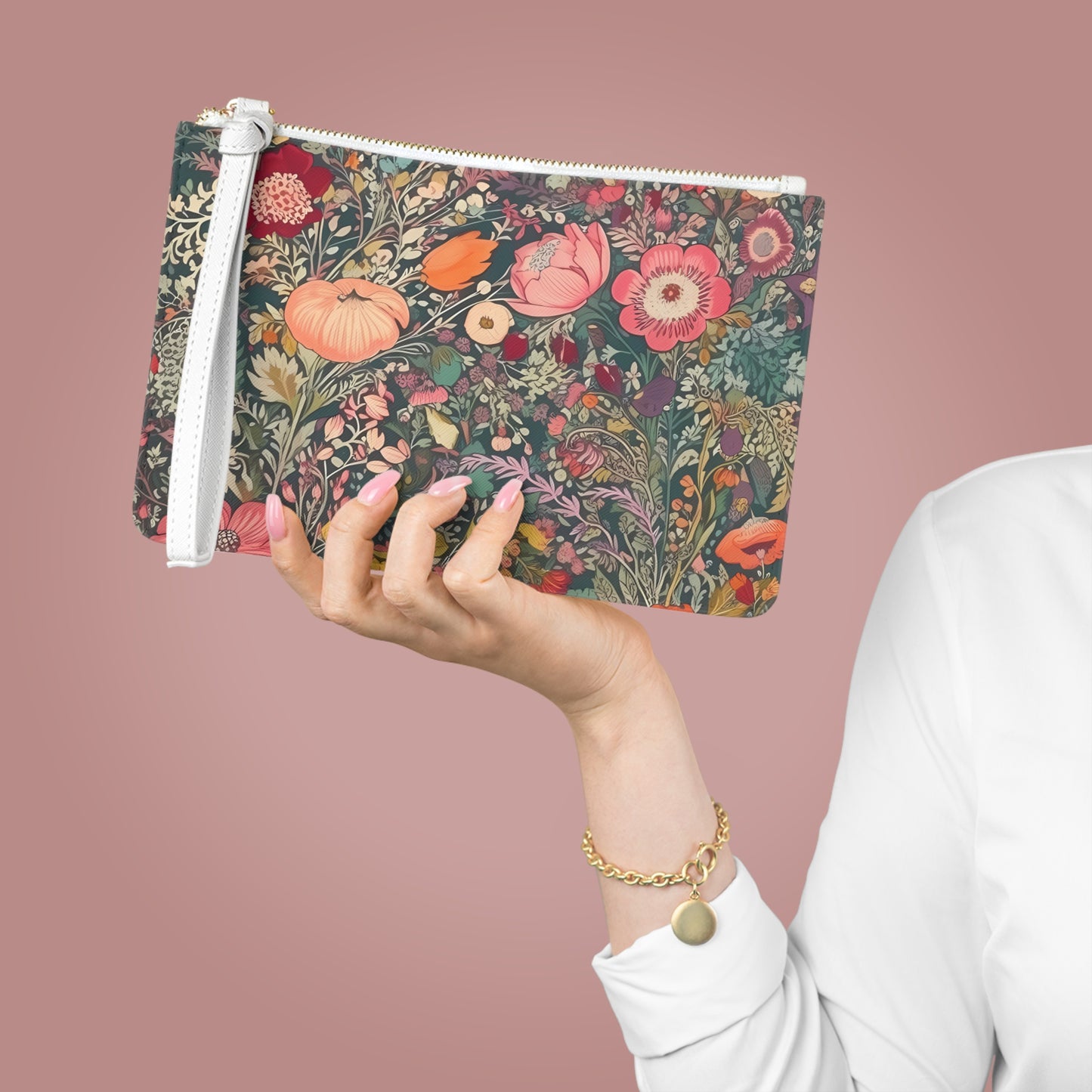 Renaissance Fall Floral Women's Clutch Bag - PU Faux Leather - Saffiano Finish - Wrist Strap!