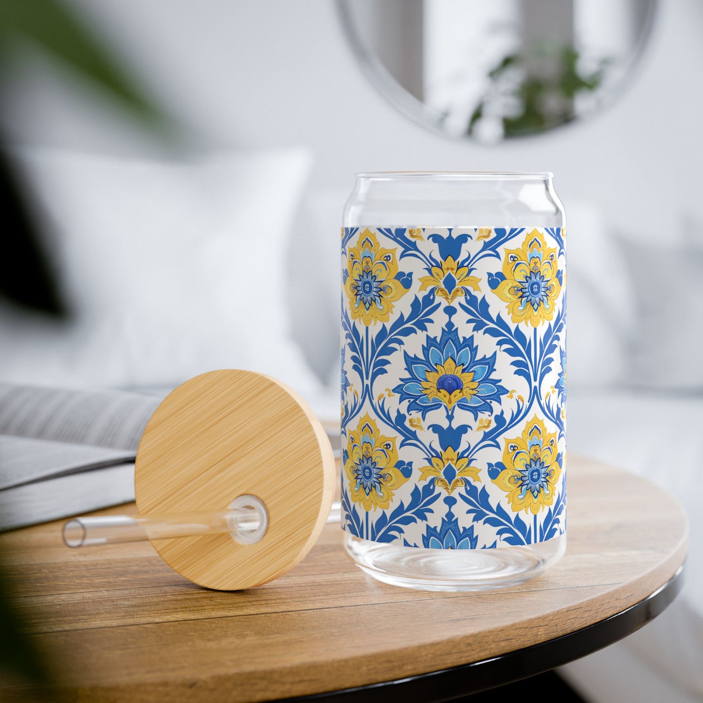 Heritage Bloom Sipper Glass Tumbler - 16 oz - Sip in Classically Beautiful Blue and Yellow Style!