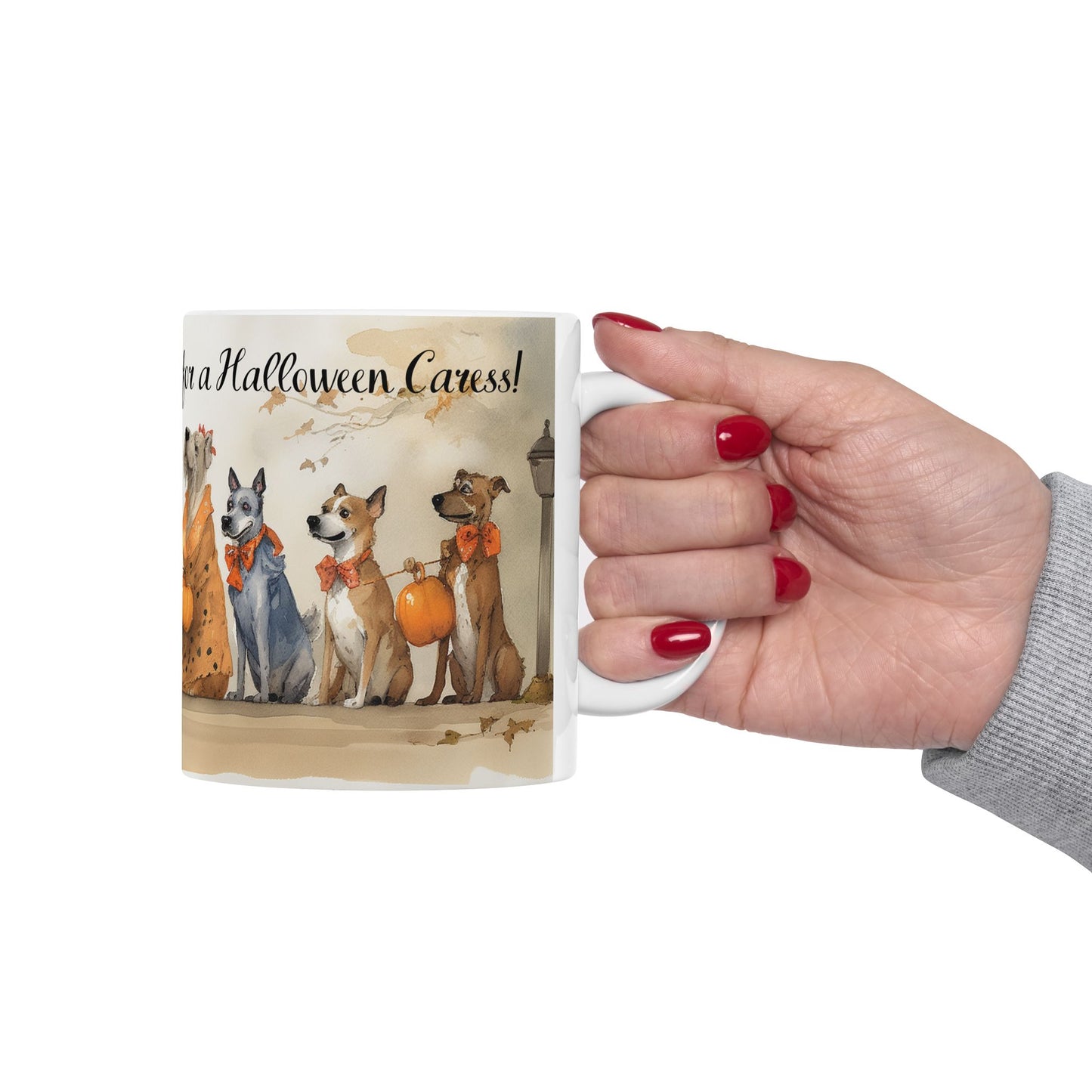 Vintage Halloween Ceramic Mug - 11 oz. - Dressed to Impress, Ready for a Halloween Caress! - Perfect Mug for Dog Lovers and Halloween Fans. Too Cute!