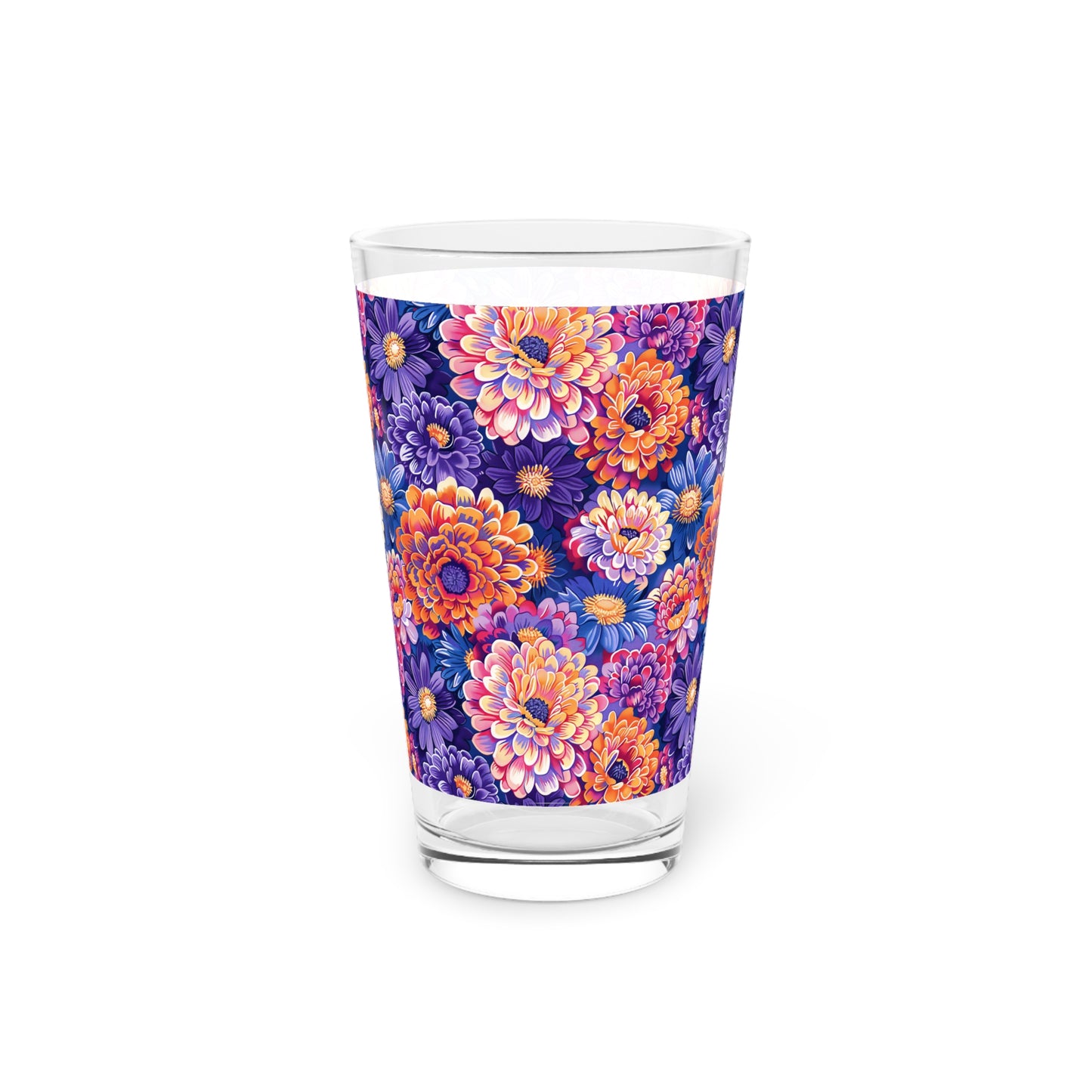 Zinnias in Bloom Pint Glass - 16 oz - A Purple Floral Tapestry in Every Sip!