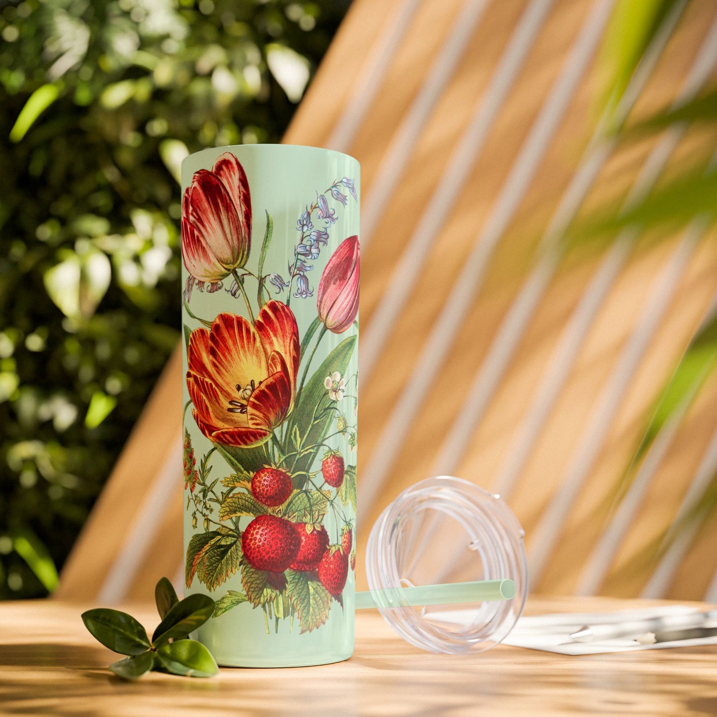 Vintage Tulip Trio Treasure Skinny Tumbler with Straw - 20 oz. Insulated Stainless Steel - Savor Every Sip with a Vintage Floral Twist!