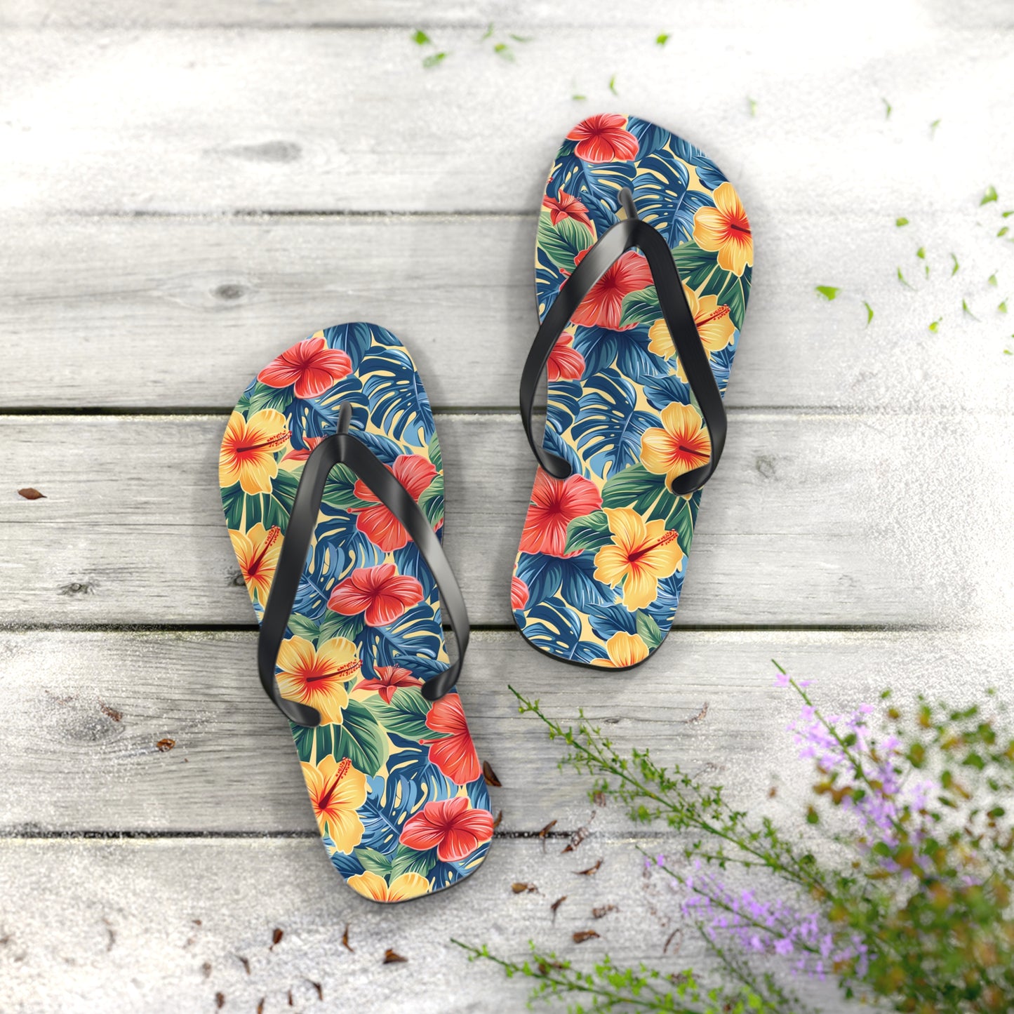 Hawaiian Hibiscus Bliss Flip Flops. 5/8" Thick Comfortable Summer or Winter Gym/Sauna Footwear for Men and Women. Aloha!