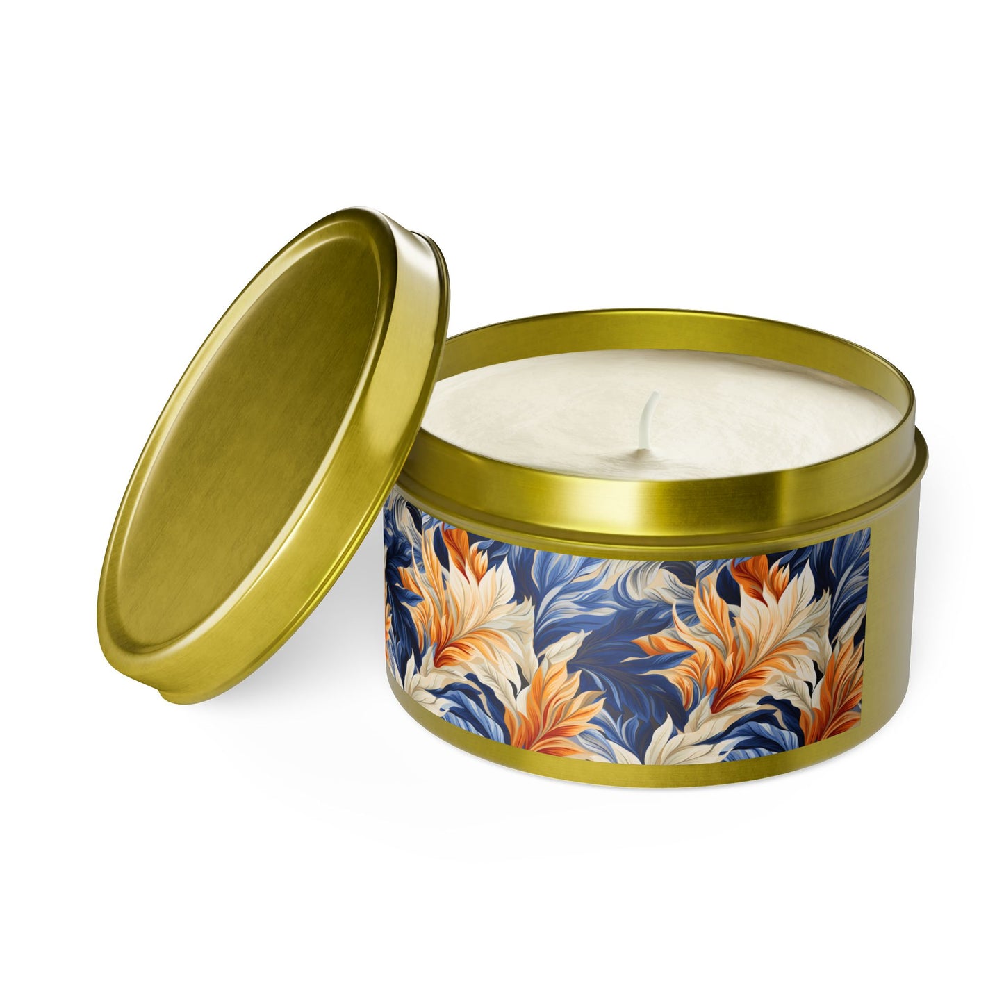 Feathered Fresco Fusion Tin Candle. A Touch of Feathered Grace in Every Flicker. Available in 2 sizes, 3 finishes, and 5 scents.