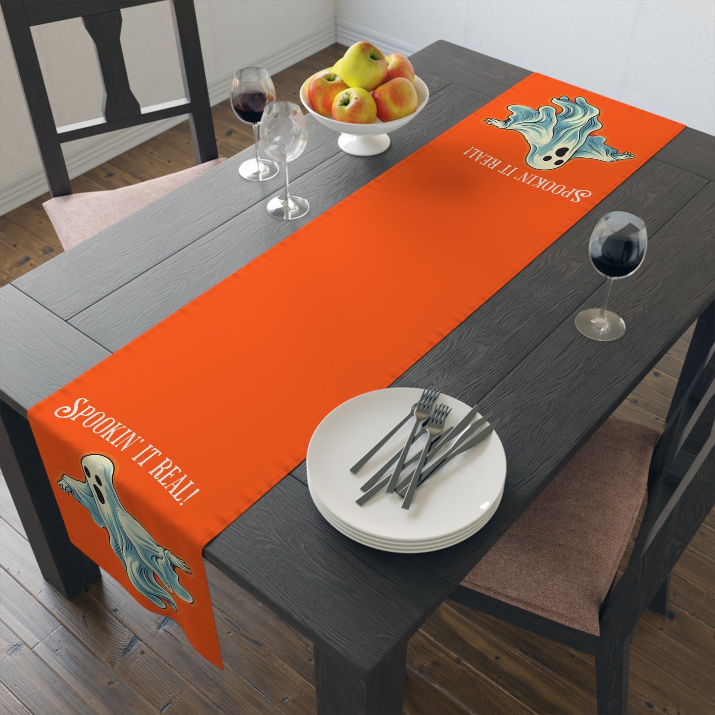 Spookin' It Real! Orange Halloween Table Runner - Serve up some spooky fun with retro charm! Available in 2 Sizes.