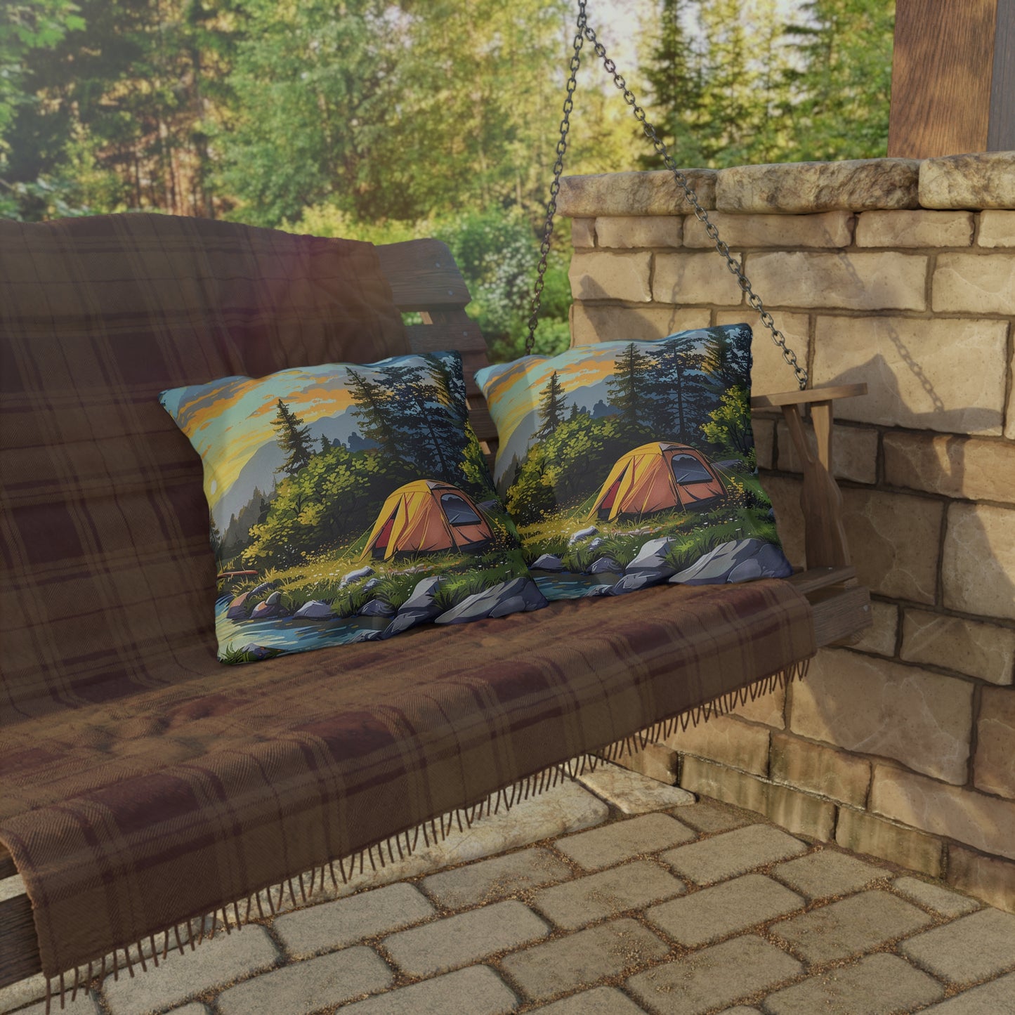 Sunset Mountain Retreat Square Outdoor Pillow - Spun Polyester - Double-Sided Print - UV-Resistant - Water-Resistant - Available in 3 sizes.