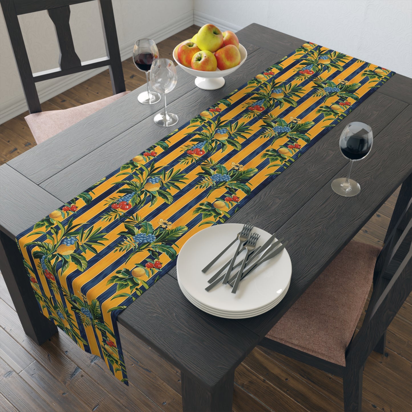 Riviera Fruitscape Table Runner. Bring the Riviera to Your Table with a Splash of Tropical Elegance! Available in 2 sizes: 16" x 72" or 16" xx 90"