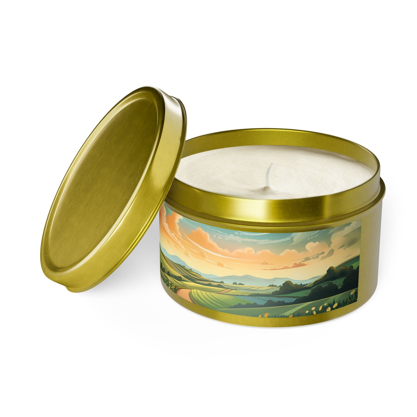 Bliss Road Scenic Aromatherapy Tin Candle. Journey to Tranquility, One Flame at a Time. Available in 2 sizes, 3 finishes, and 5 scents.