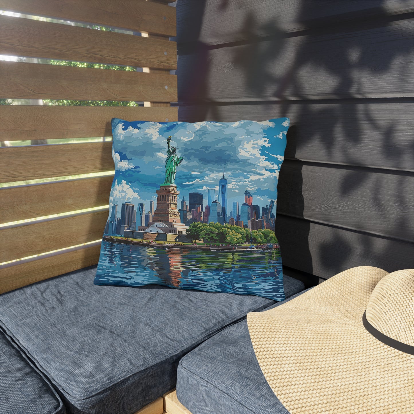 Statue of Liberty Square Outdoor Pillow - Spun Polyester - Double-Sided Print - UV-Resistant - Water Resistant - Available in 3 sizes.