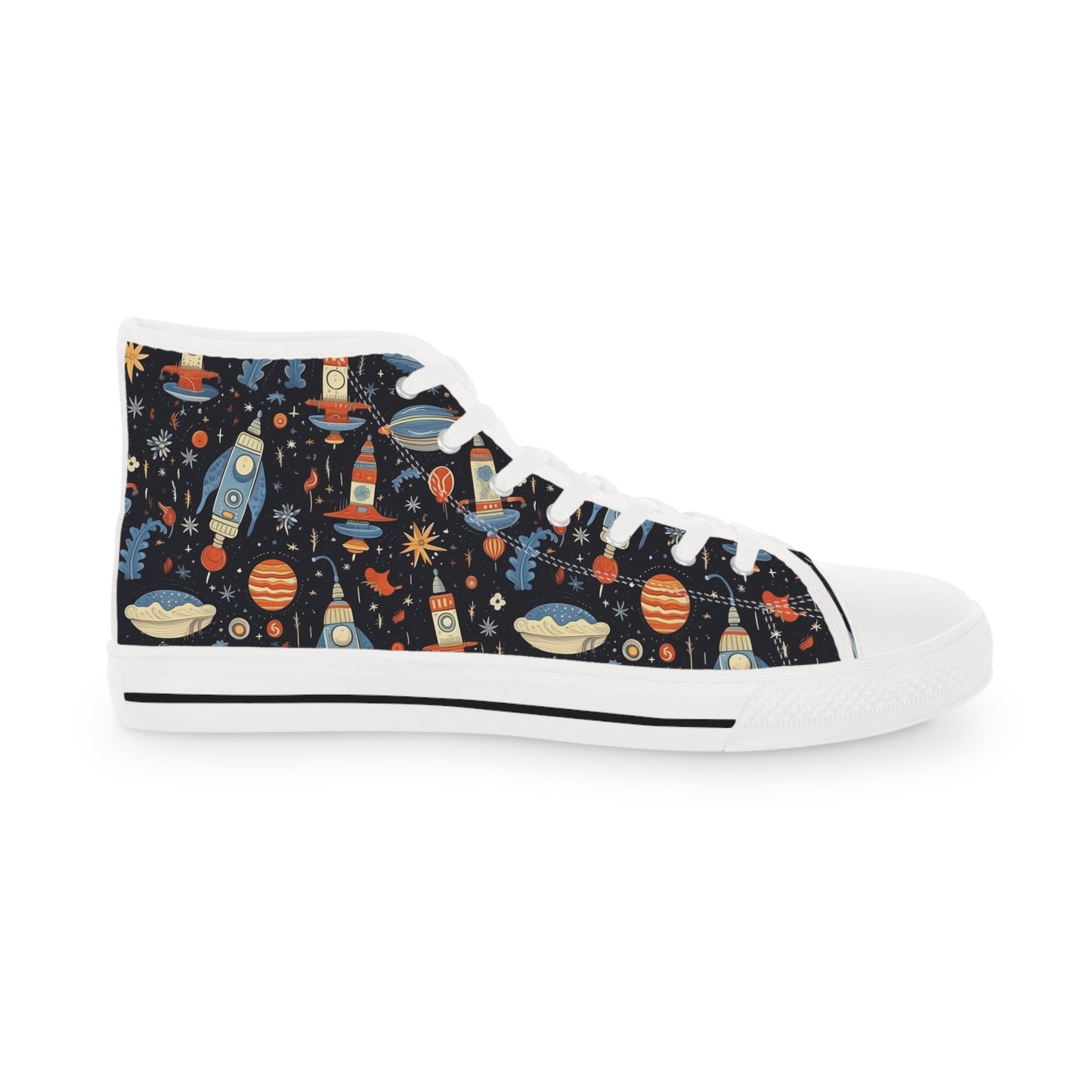 Galactic Space Rocket Romp Men's High Top Sneakers - Launch Your Look! Elevate Your Style to the Stratosphere!