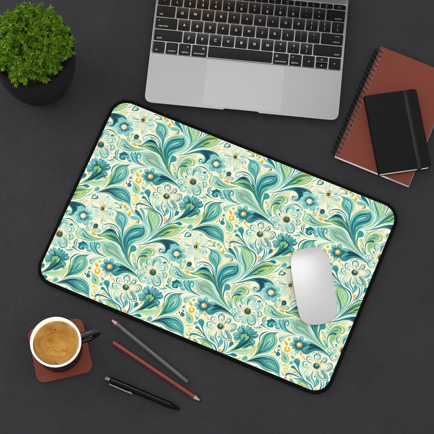 Whimsical Teal Floral Garden Desk Mat (Desk Pad) - Let Your Desk Bloom with Whimsy! Available in 3 sizes.