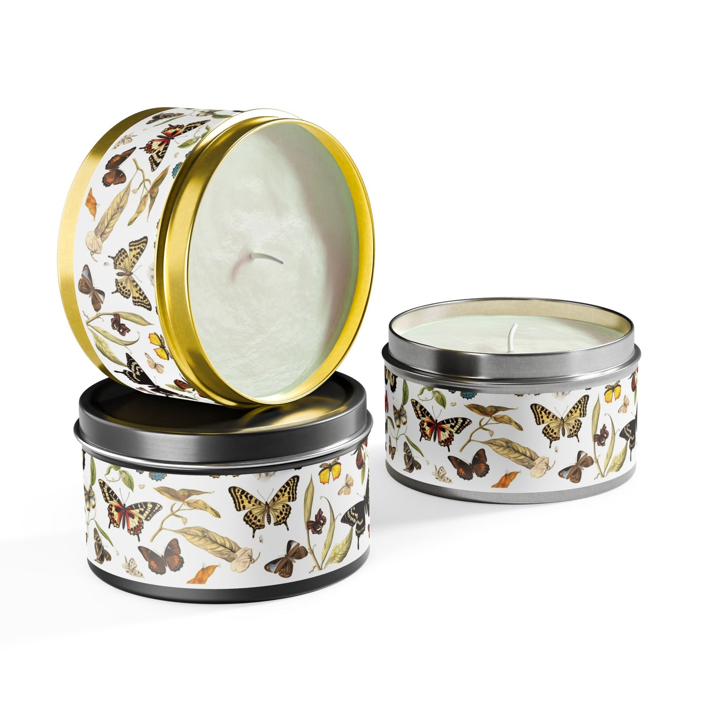 Botanical Butterflies Tin Candle. Flutter into Serenity with Botanical Butterflies. Available in 2 sizes, 3 finishes, and 5 scents.