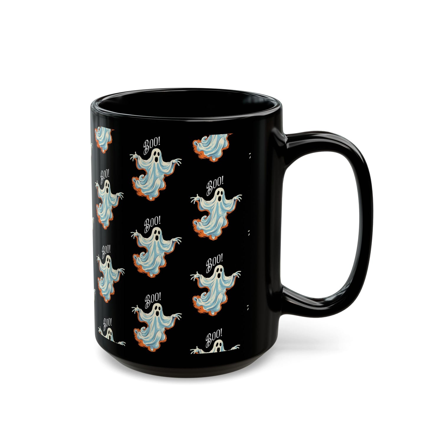 Boo! Chic Retro Ghost Halloween Black Mug - 11oz, 15oz - Sip in Spooky Style with a Retro Twist!