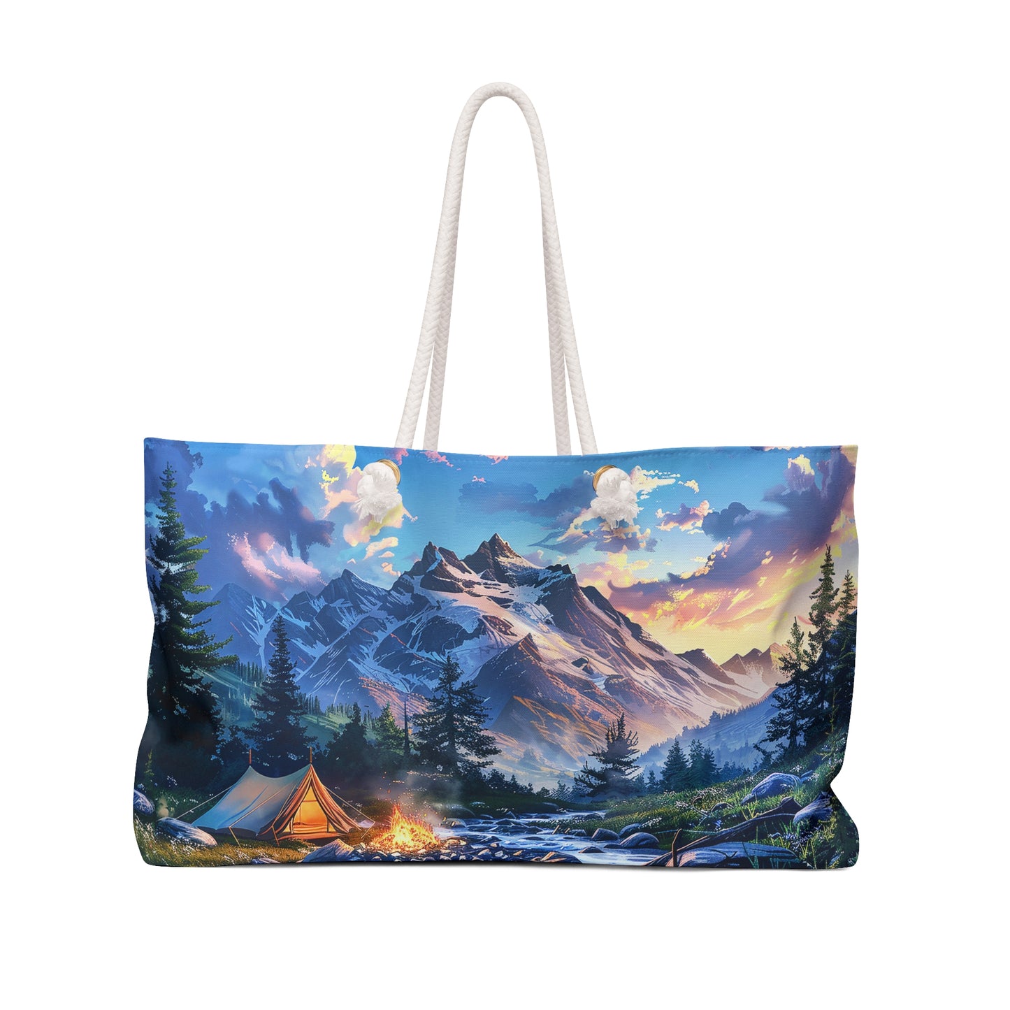 Mountain Creekside Campfire Weekender Bag - Embrace the Wilderness - Where Rocky Peaks Meet Tranquil Streams!