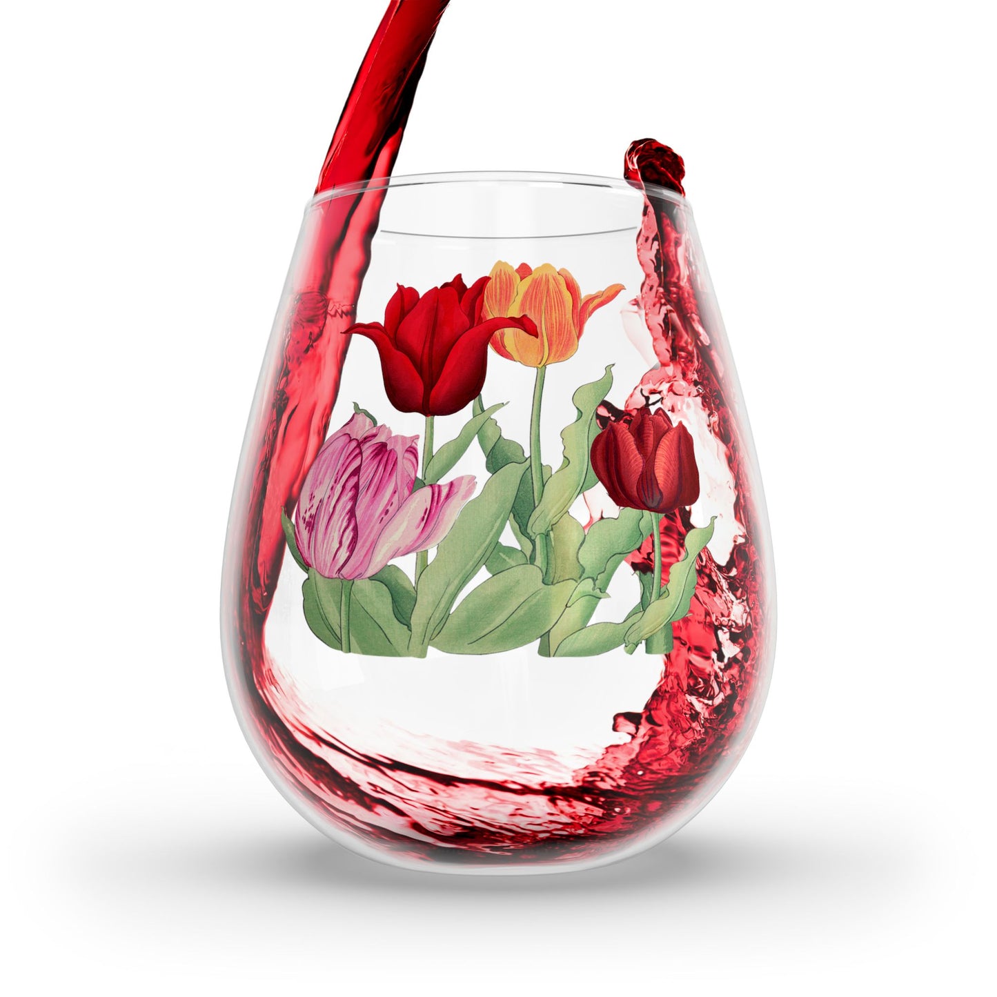 Vintage Tulip Blooms Stemless Wine Glass - 11.75 oz - Sip in Timeless Floral Elegance! From our Vintage Spring Flowers Collection.