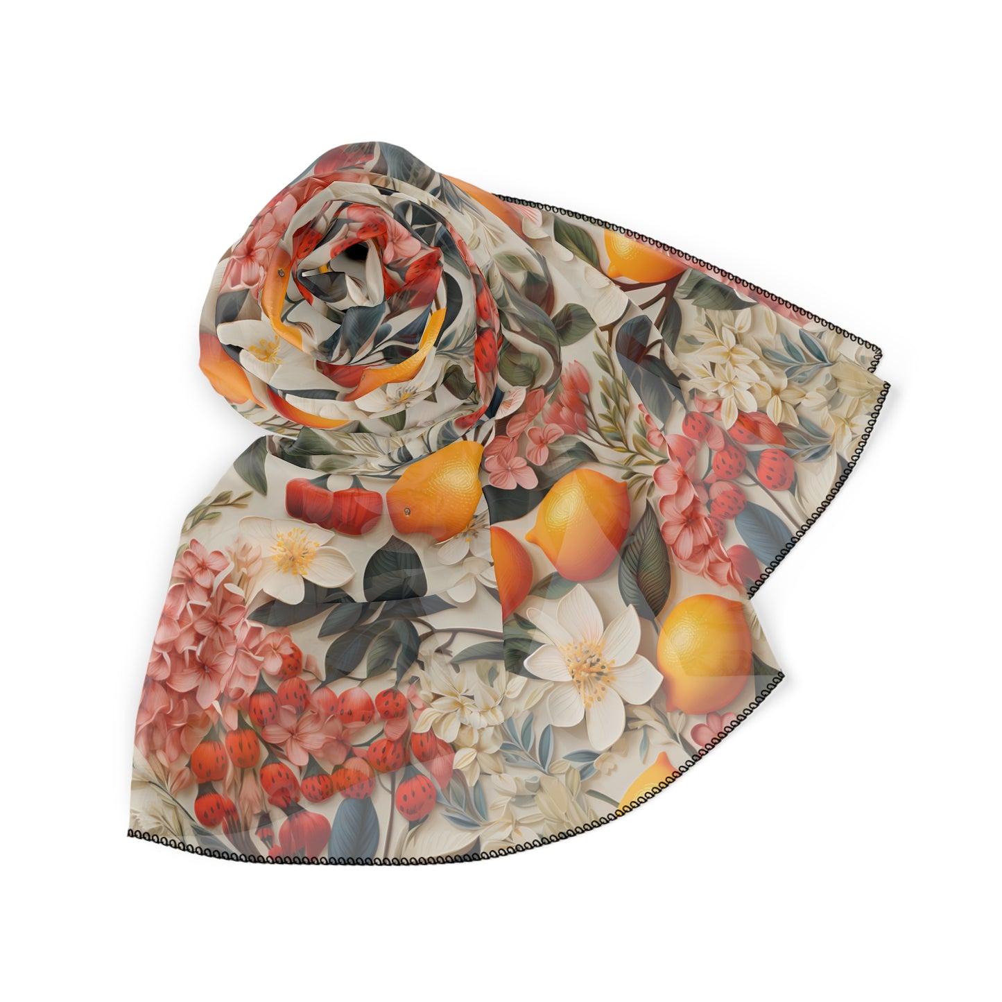 3D Lemon Flower Poly Voile Scarf. Lightweight & Stylish Accessory. Available in 2 sizes: 25" x 25" or 50" x 50"