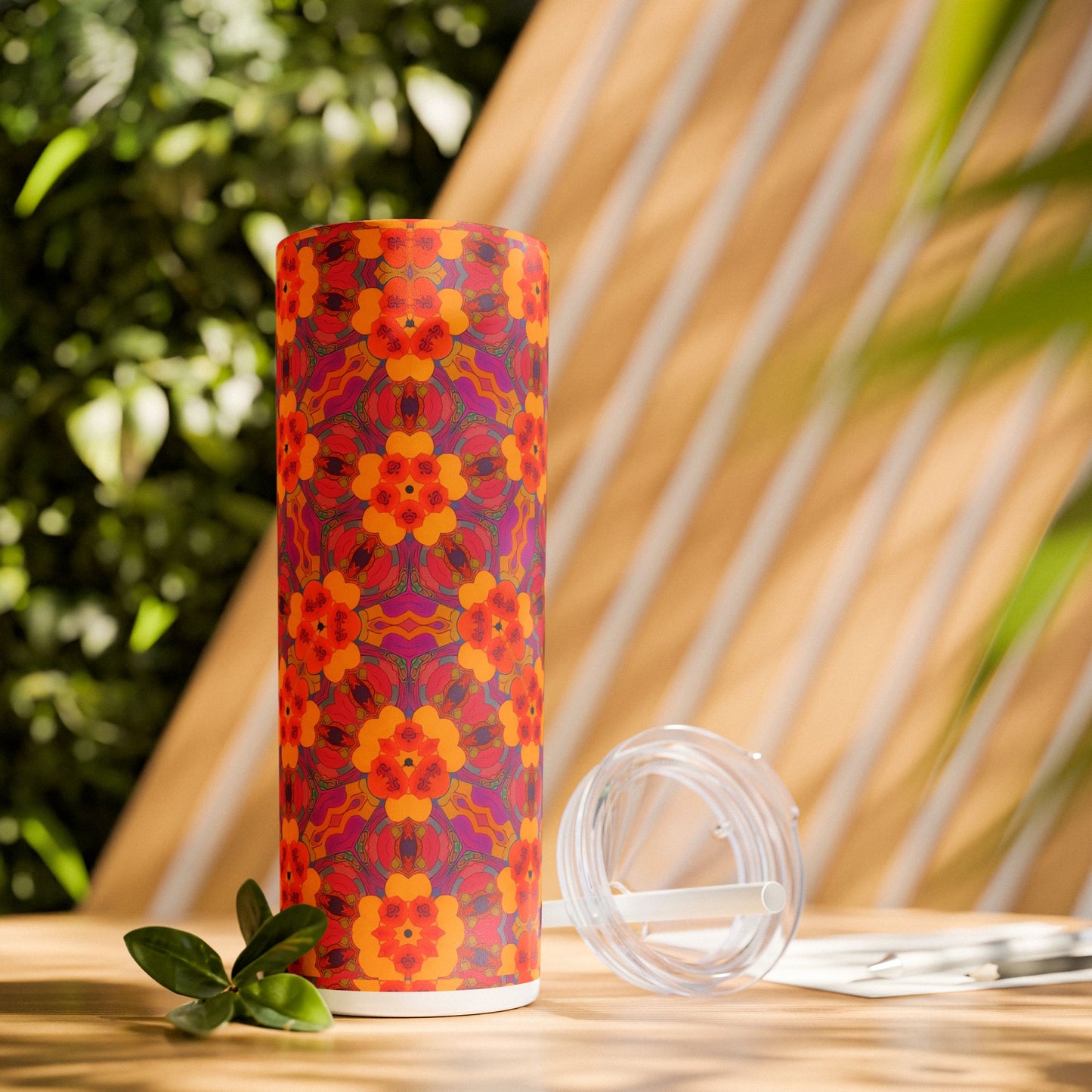 Kaleidoscope Blossom Charm Skinny Tumbler with Straw - 20 oz. Insulated Stainless Steel - Turn Every Sip into a Kaleidoscope of Color!