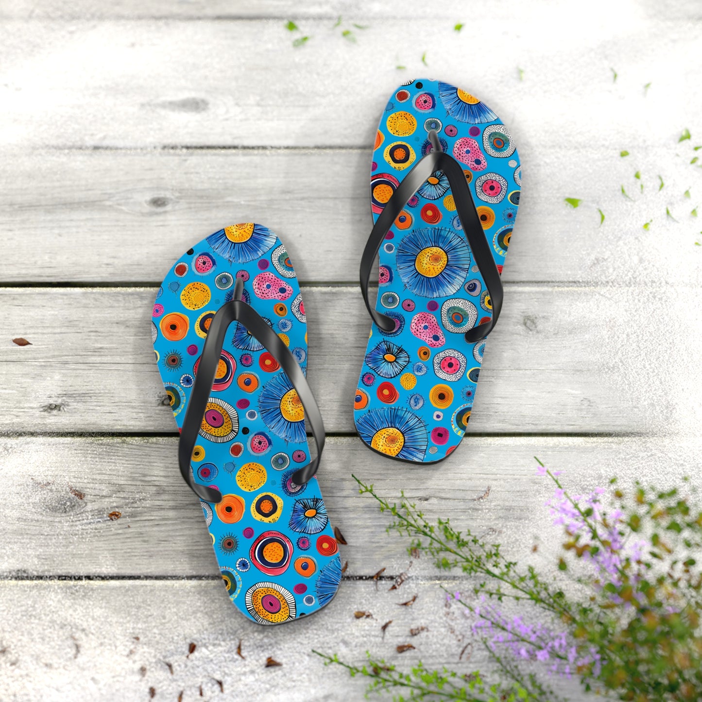 Primordial Sea Life Flip Flops. 5/8" Thick Comfortable Summer or Winter Gym/Sauna Footwear for Men and Women.