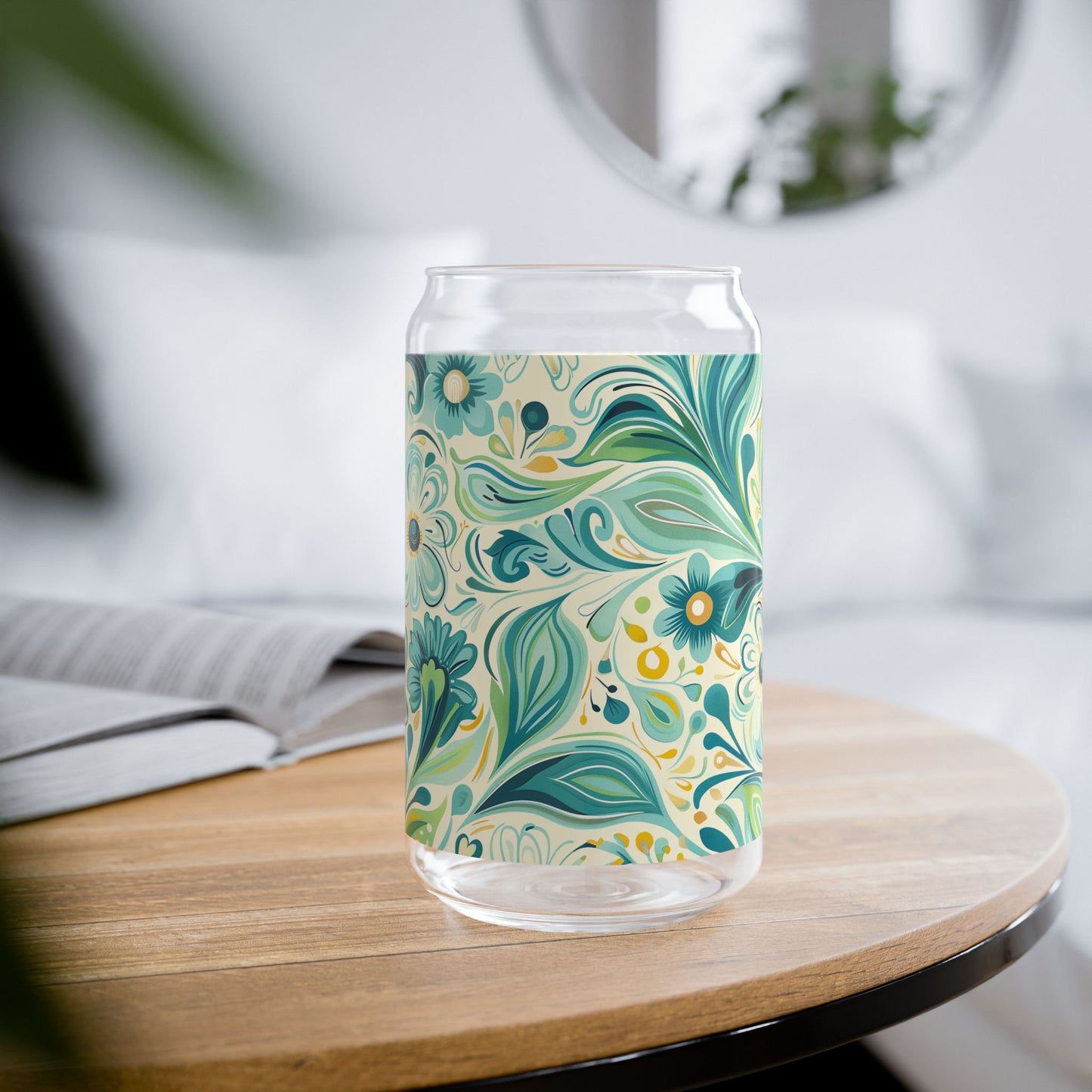 Whimsical Teal Floral Garden Sipper Glass Tumbler - 16 oz - Sip in Nature's Enchanting Hues!
