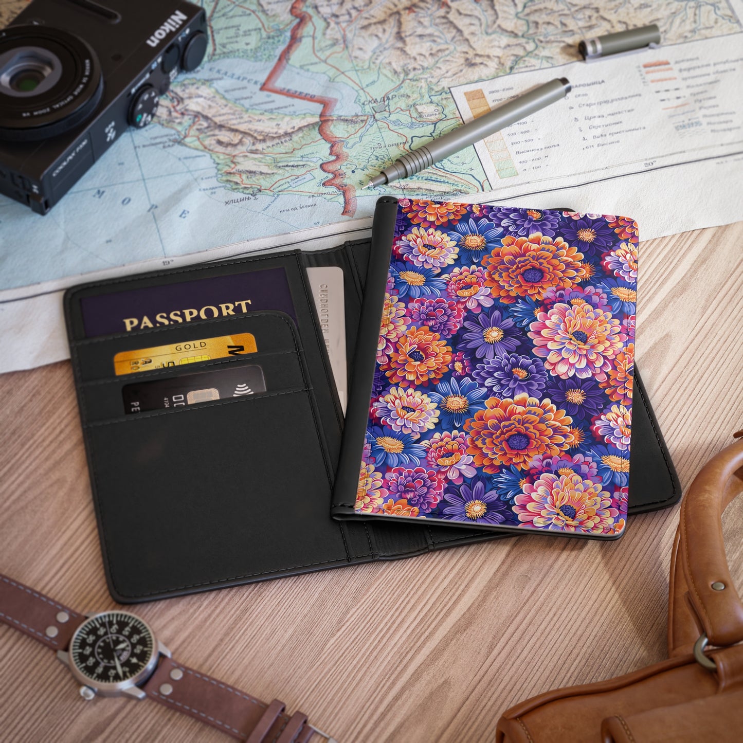 Zennias in Bloom Passport Cover - RFID-Blocking - PU Faux Leather - Inner Pockets - Flourish in Style with the Zennias in Bloom Passport Cover!